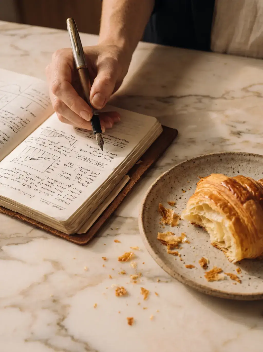 Main écrivant dans un carnet de notes à côté d'un croissant sur une table en marbre