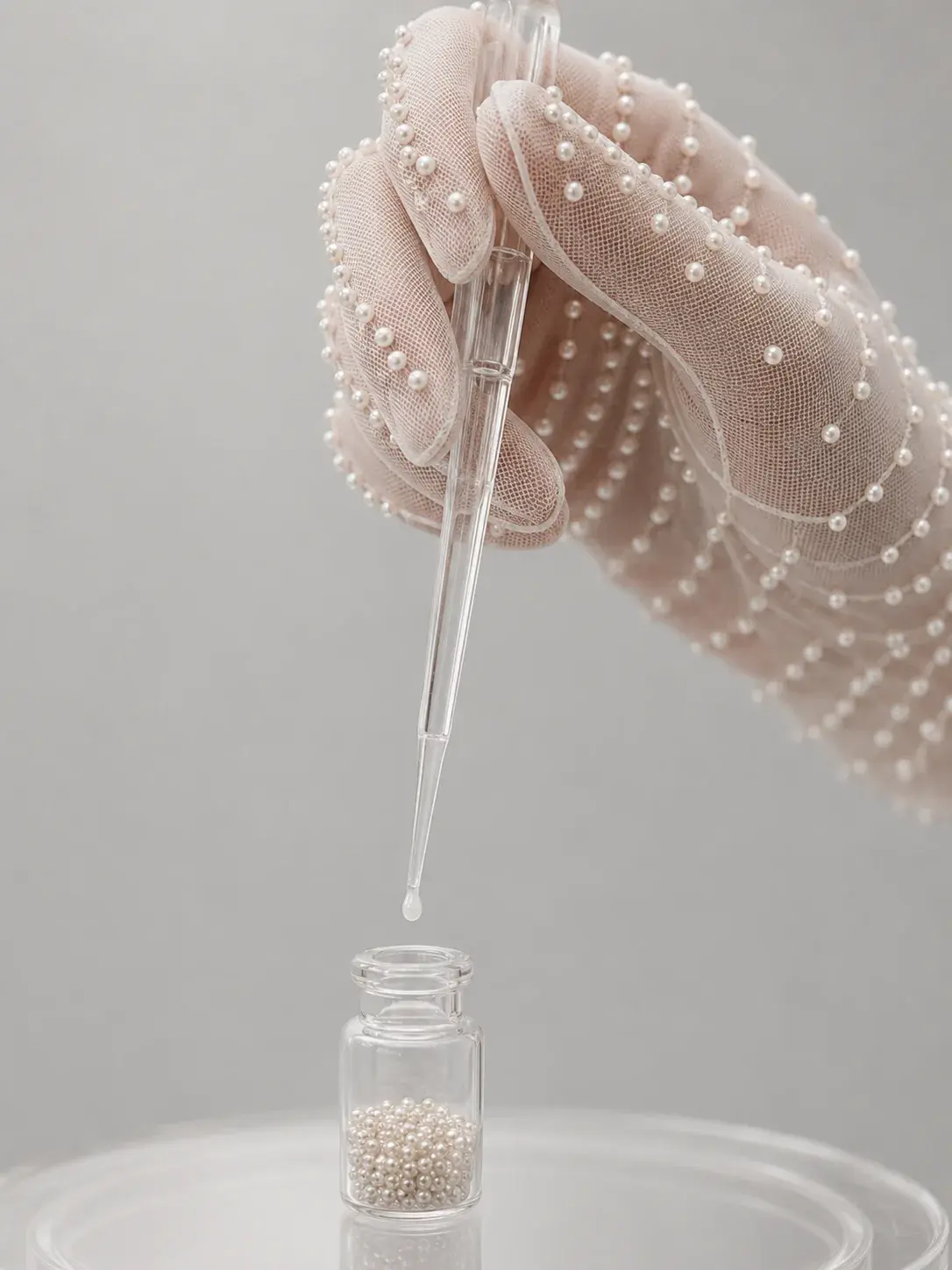 Main en gant de résille nacré tenant une pipette au-dessus d'un flacon de perles
