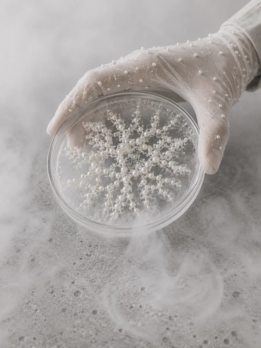 Main en gant nacré tenant une boîte de Pétri avec flocon de perles, vapeur de glace sèche