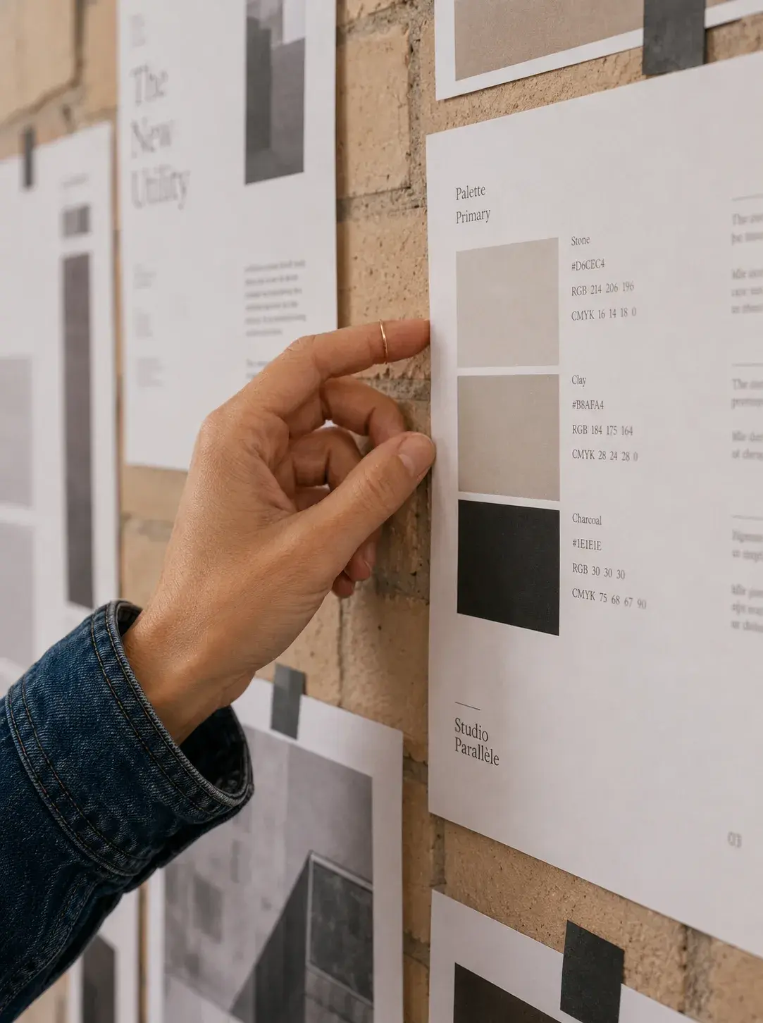 Main épinglant charte couleurs – mur de brique, palette graphique