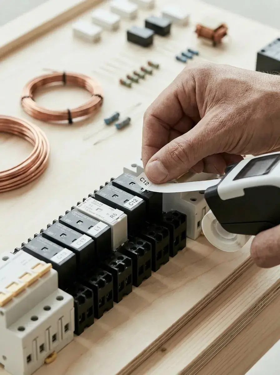 Main étiquetant des disjoncteurs avec une étiqueteuse parmi des composants électriques sur un établi