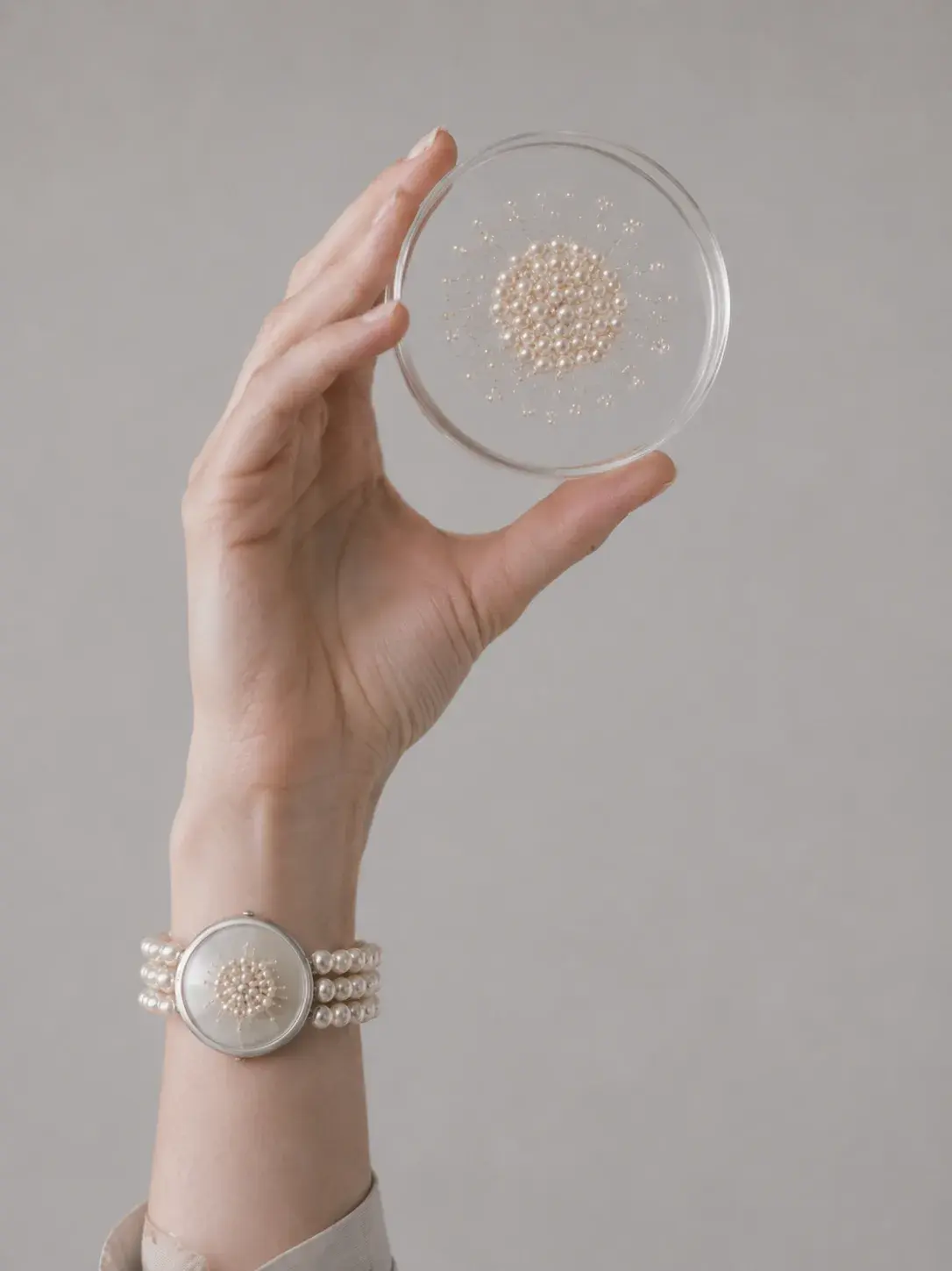 Main féminine avec bracelet de perles tenant une boîte de Petri contenant des perles disposées en motif