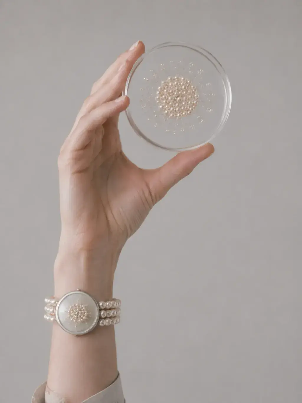 Main féminine avec bracelet de perles tenant une boîte de Petri contenant des perles disposées en motif
