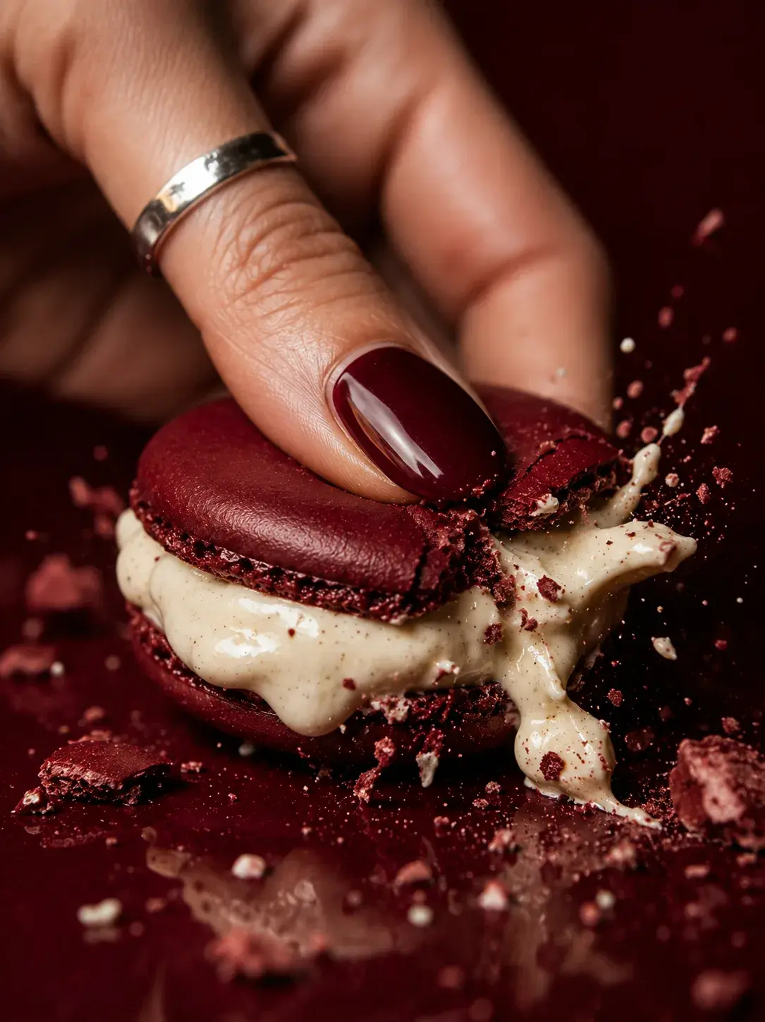 Main féminine ongles bordeaux écrasant macaron rouge – crème débordante, fond bordeaux