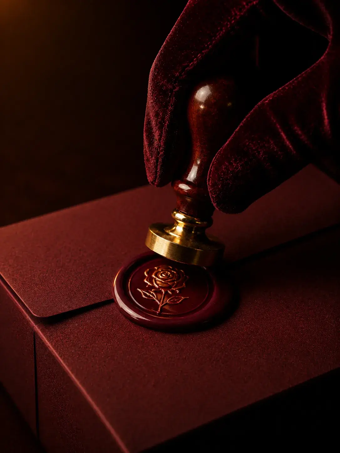 Main gantée de velours bordeaux appliquant un sceau de cire dorée en forme de rose sur enveloppe rouge, fond sombre
