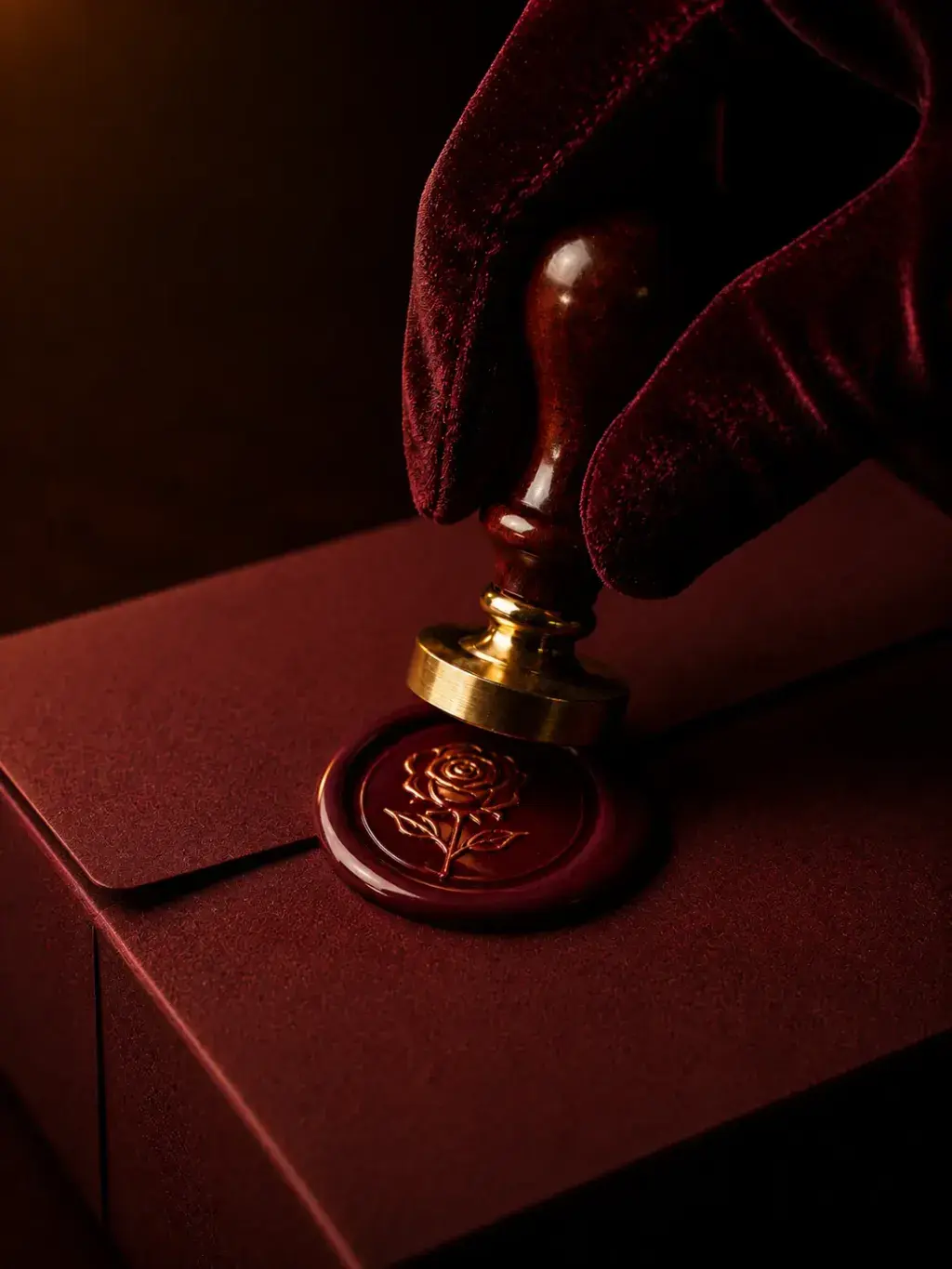 Main gantée de velours bordeaux appliquant un sceau de cire dorée en forme de rose sur enveloppe rouge, fond sombre
