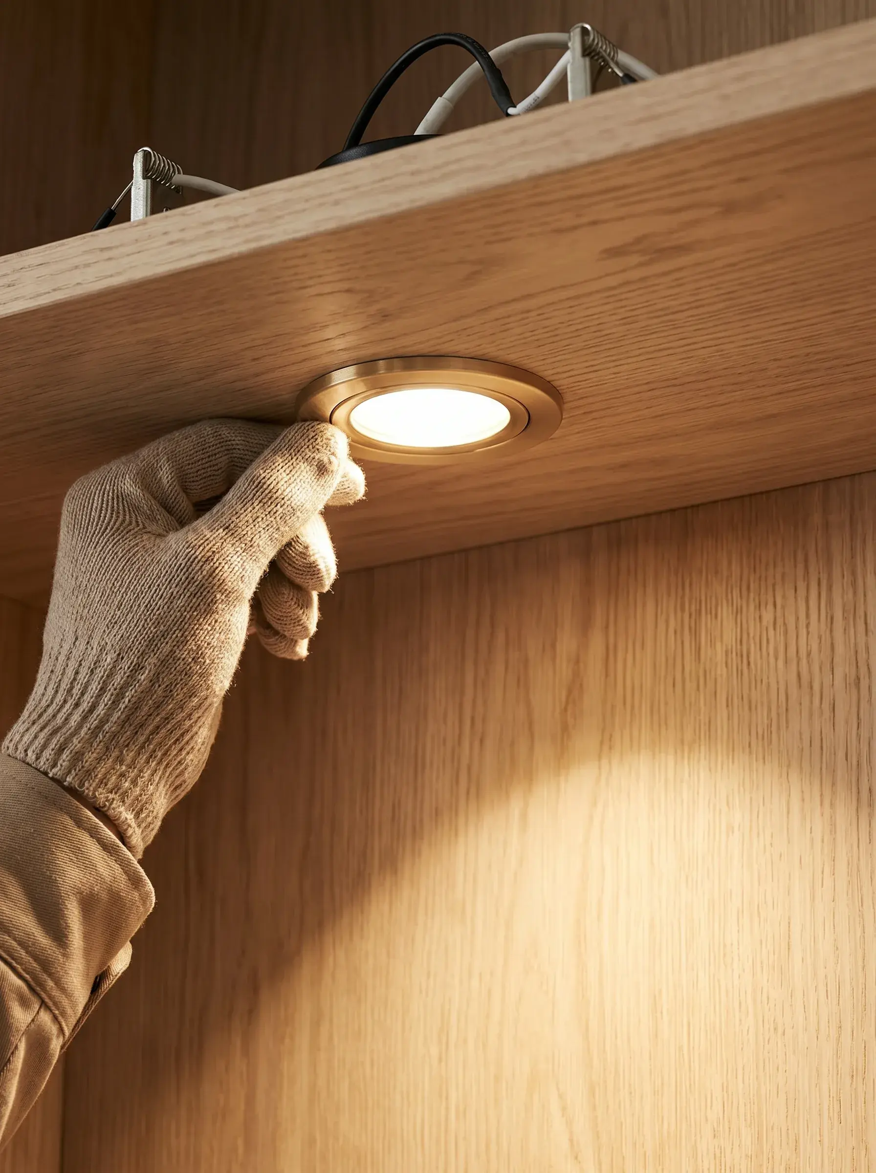 Main gantée installant un spot LED encastré sous un meuble en chêne à la lumière chaude