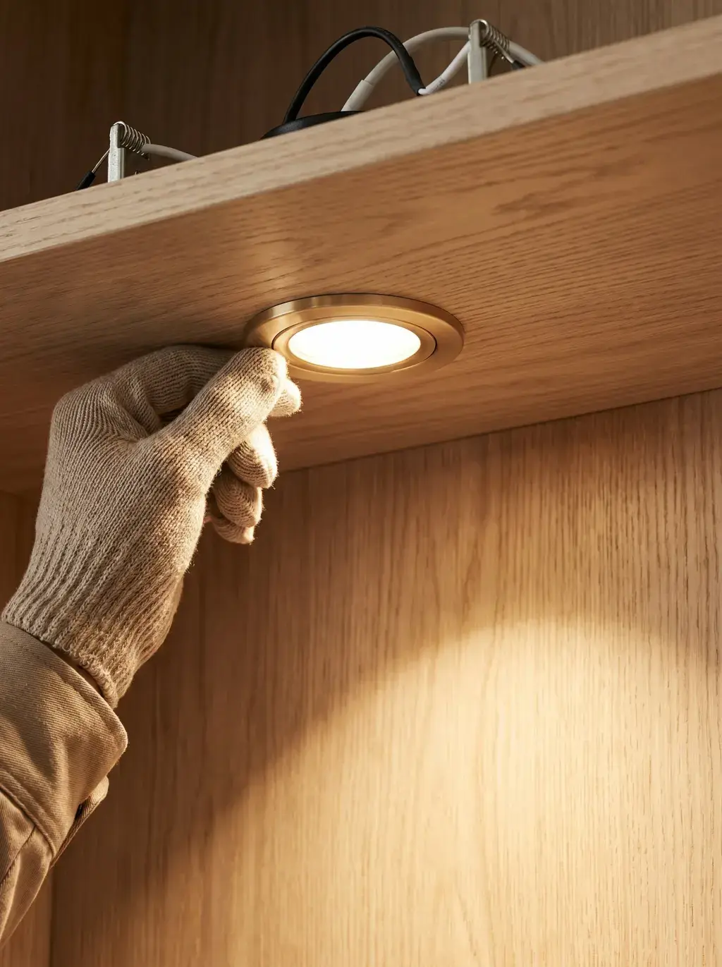 Main gantée installant un spot LED encastré sous un meuble en chêne à la lumière chaude