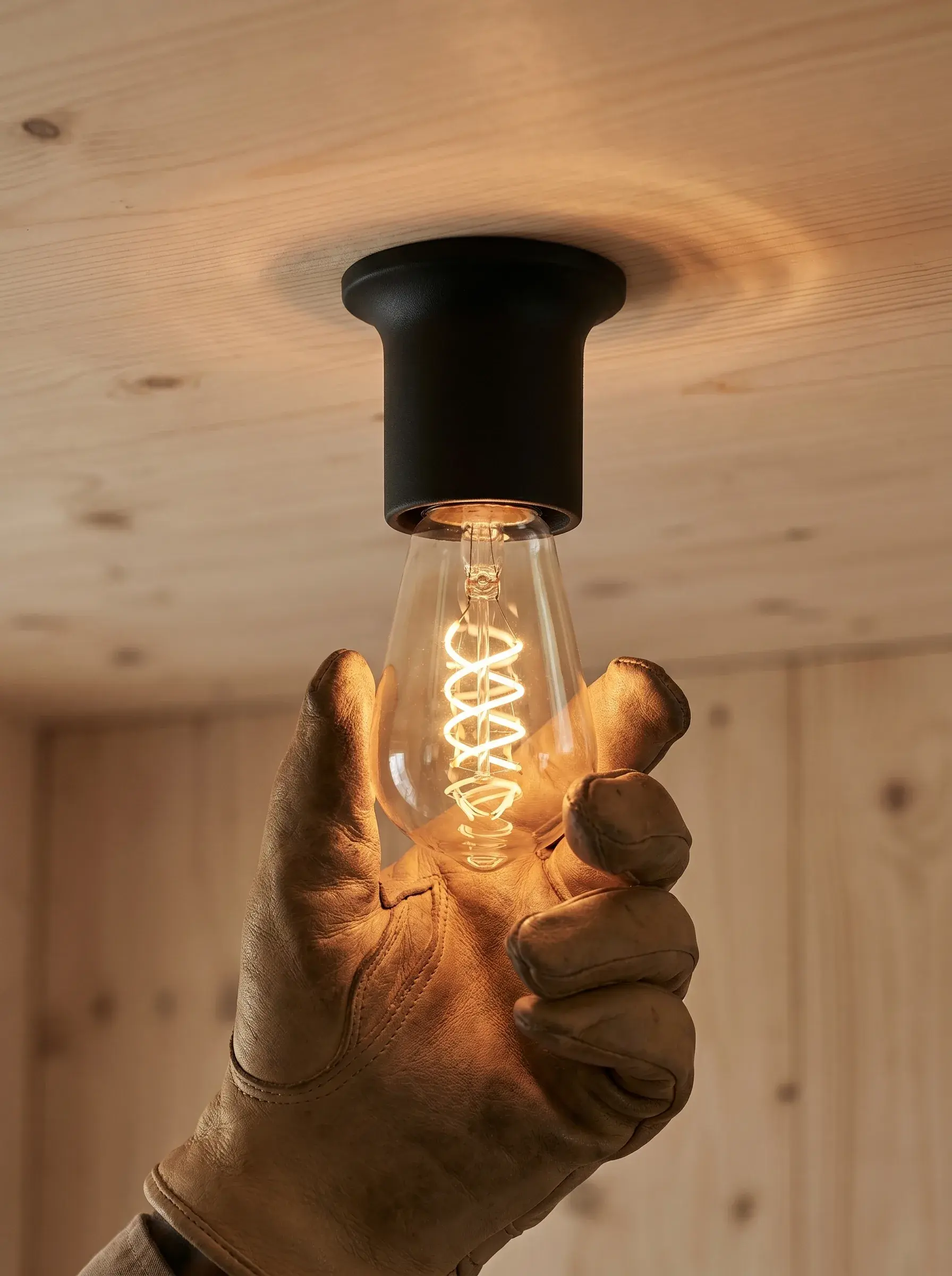 Main gantée tenant une ampoule à filament suspendue à un plafonnier noir sous un plafond en bois