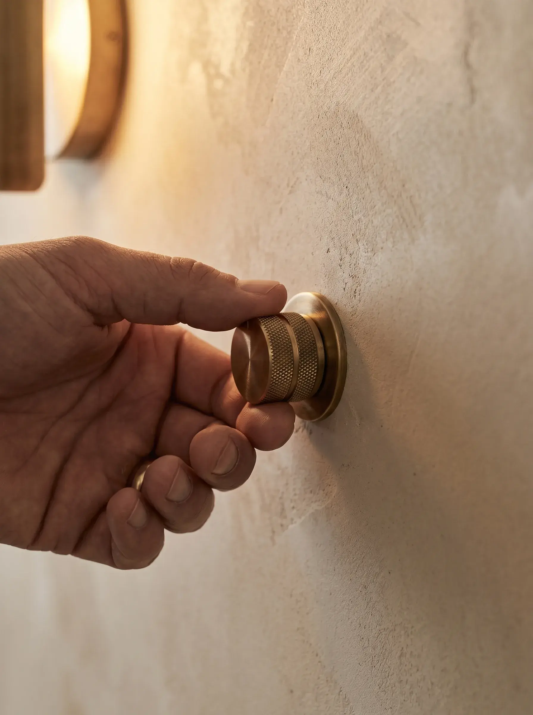 Main installant un variateur en laiton sur un mur enduit près d'une applique en bois