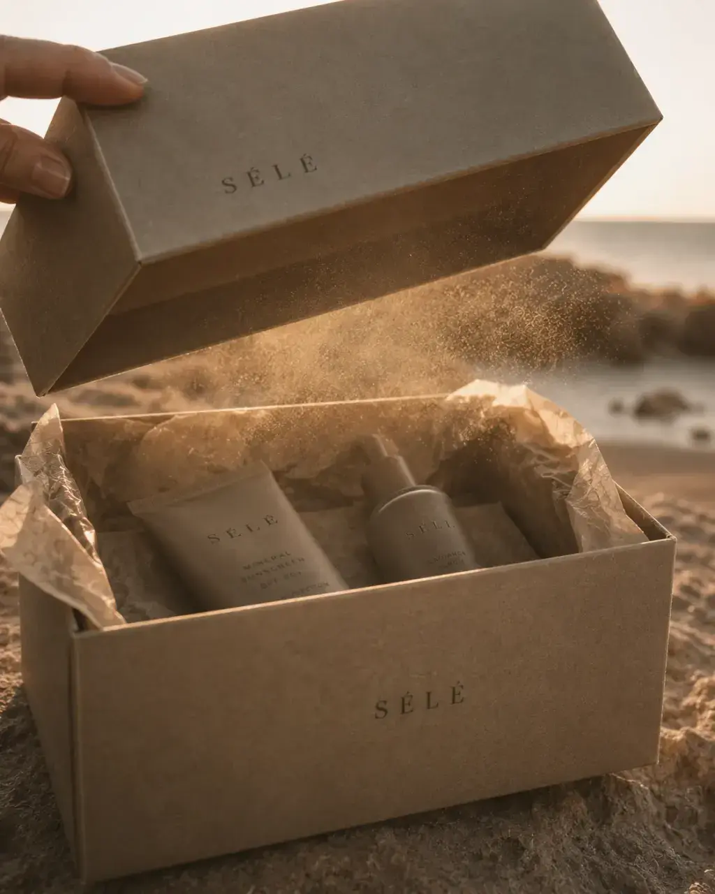 Main ouvrant coffret kraft avec sable projeté – tube et flacon, papier de soie, plage coucher de soleil