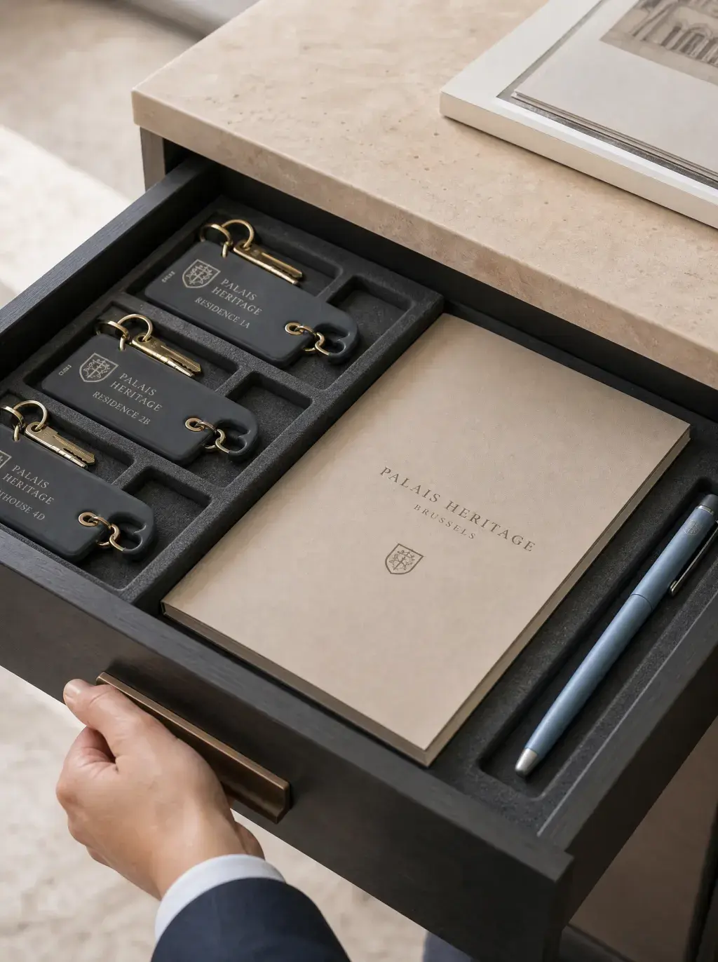 Main ouvrant un tiroir de bureau révélant des porte-clés Palais Heritage, une brochure et un stylo