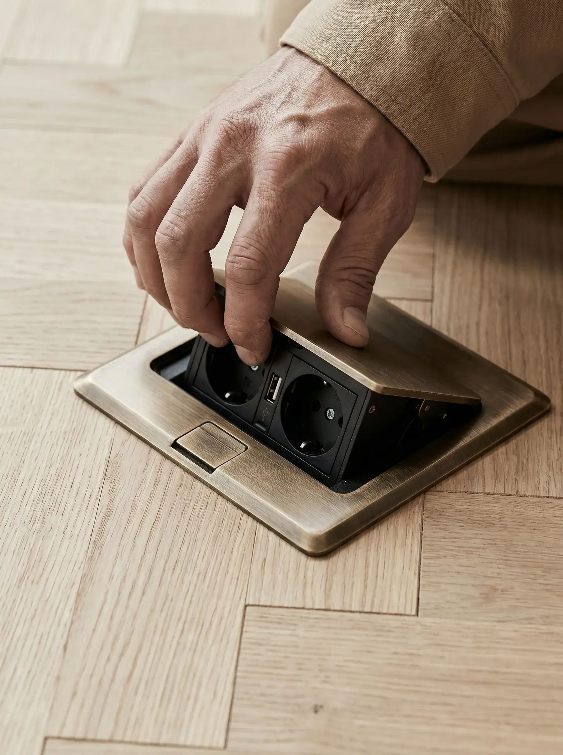 Main ouvrant une prise de sol escamotable en laiton avec ports USB sur un parquet en chêne