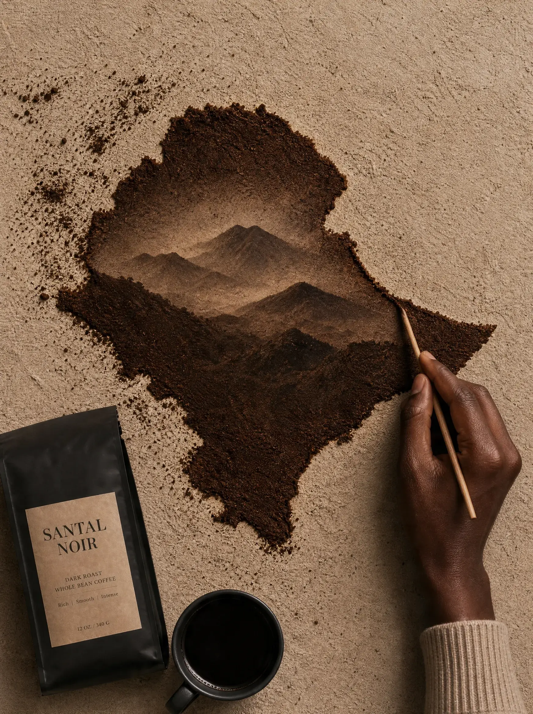 Main peignant paysage de montagne dans café moulu – forme continent, sachet kraft, fond sableux