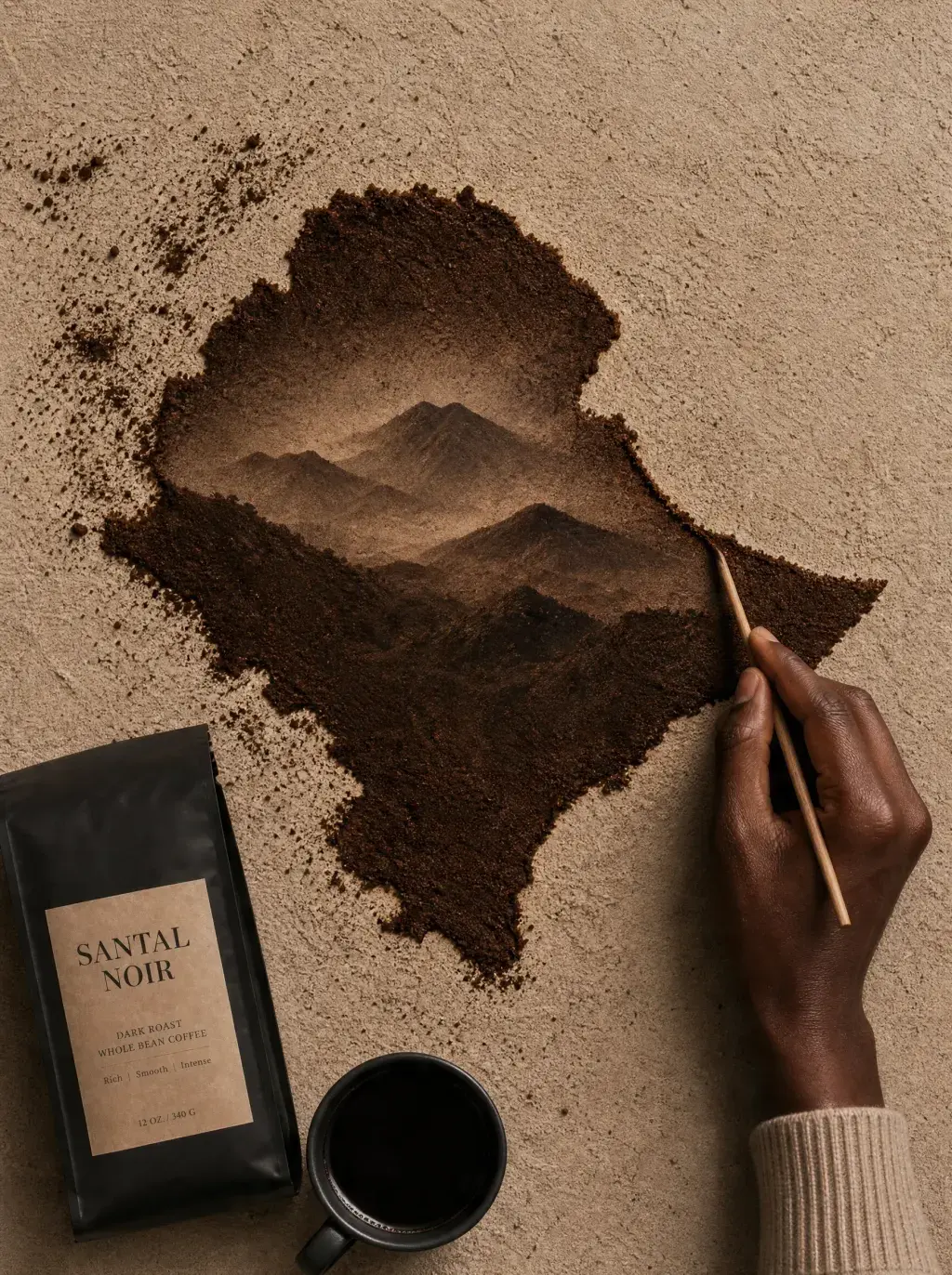 Main peignant paysage de montagne dans café moulu – forme continent, sachet kraft, fond sableux