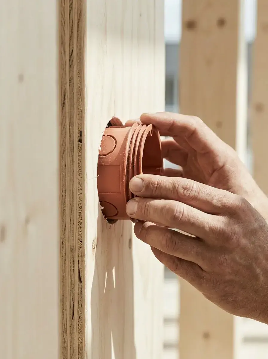 Main posant un boîtier d'encastrement terracotta dans une cloison en bois