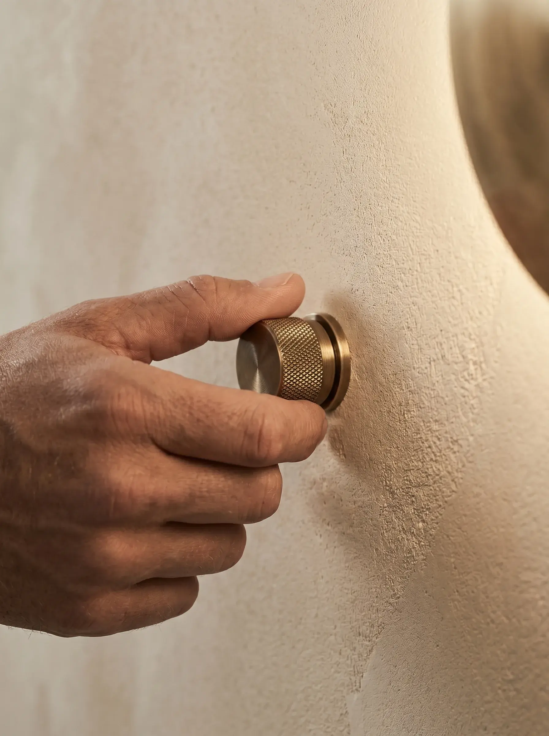Main posant un variateur rotatif en laiton sur un mur en enduit de terre beige