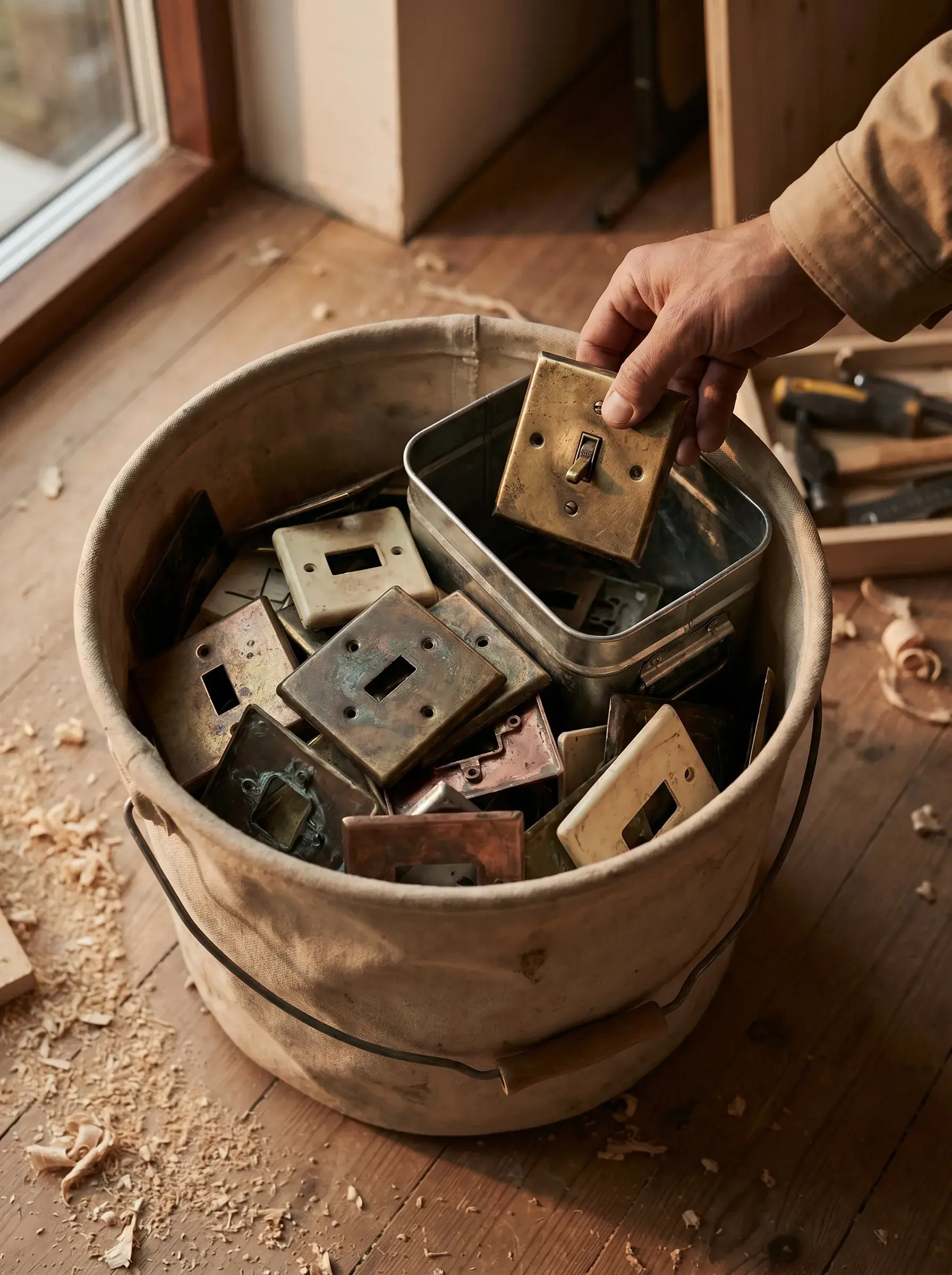 Main posant une boîte de plaques d'interrupteurs anciennes en laiton dans un seau en bois