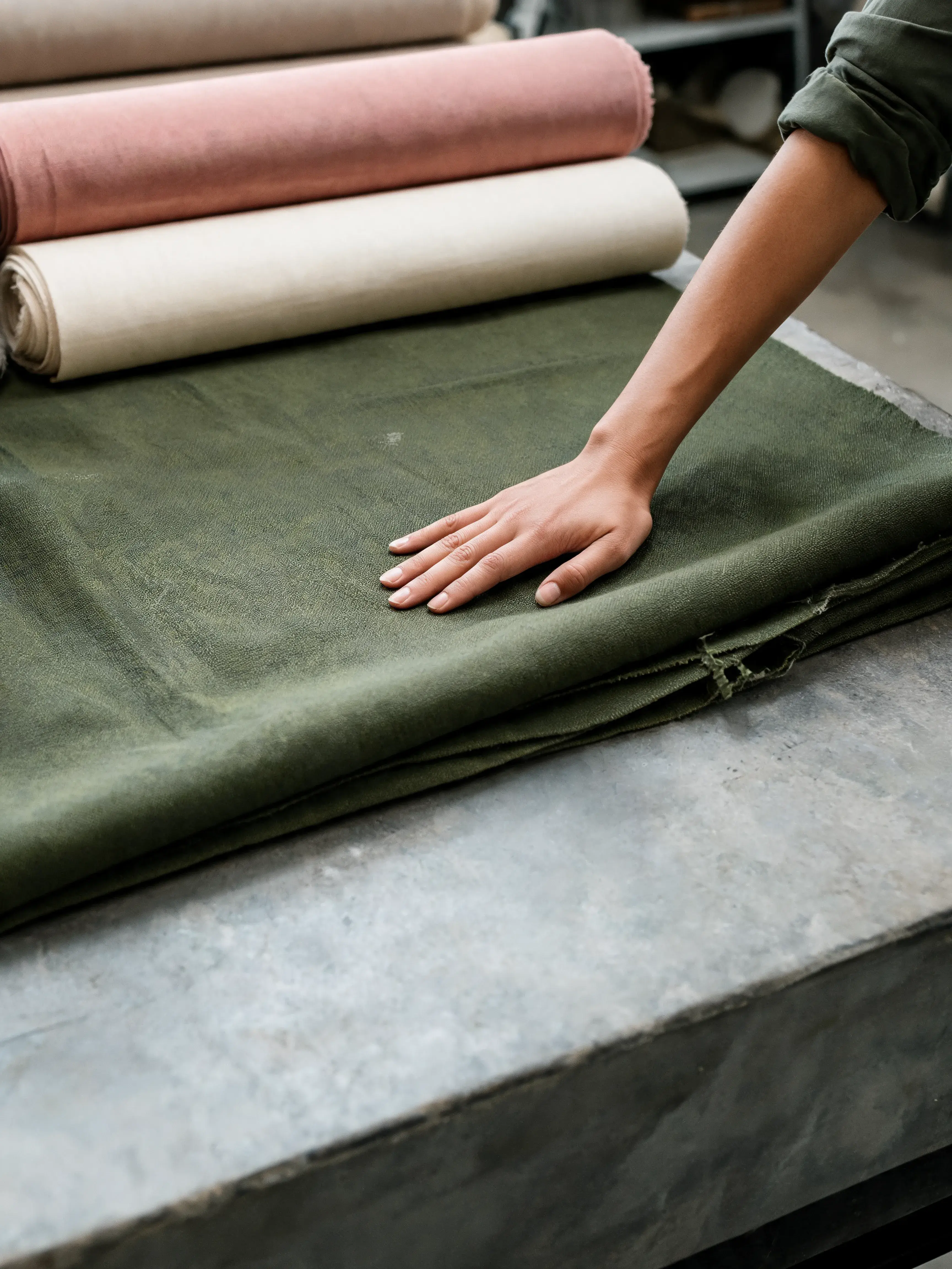 Main posée sur tissu lin vert kaki étalé – table béton, rouleaux tissu rose crème fond, atelier