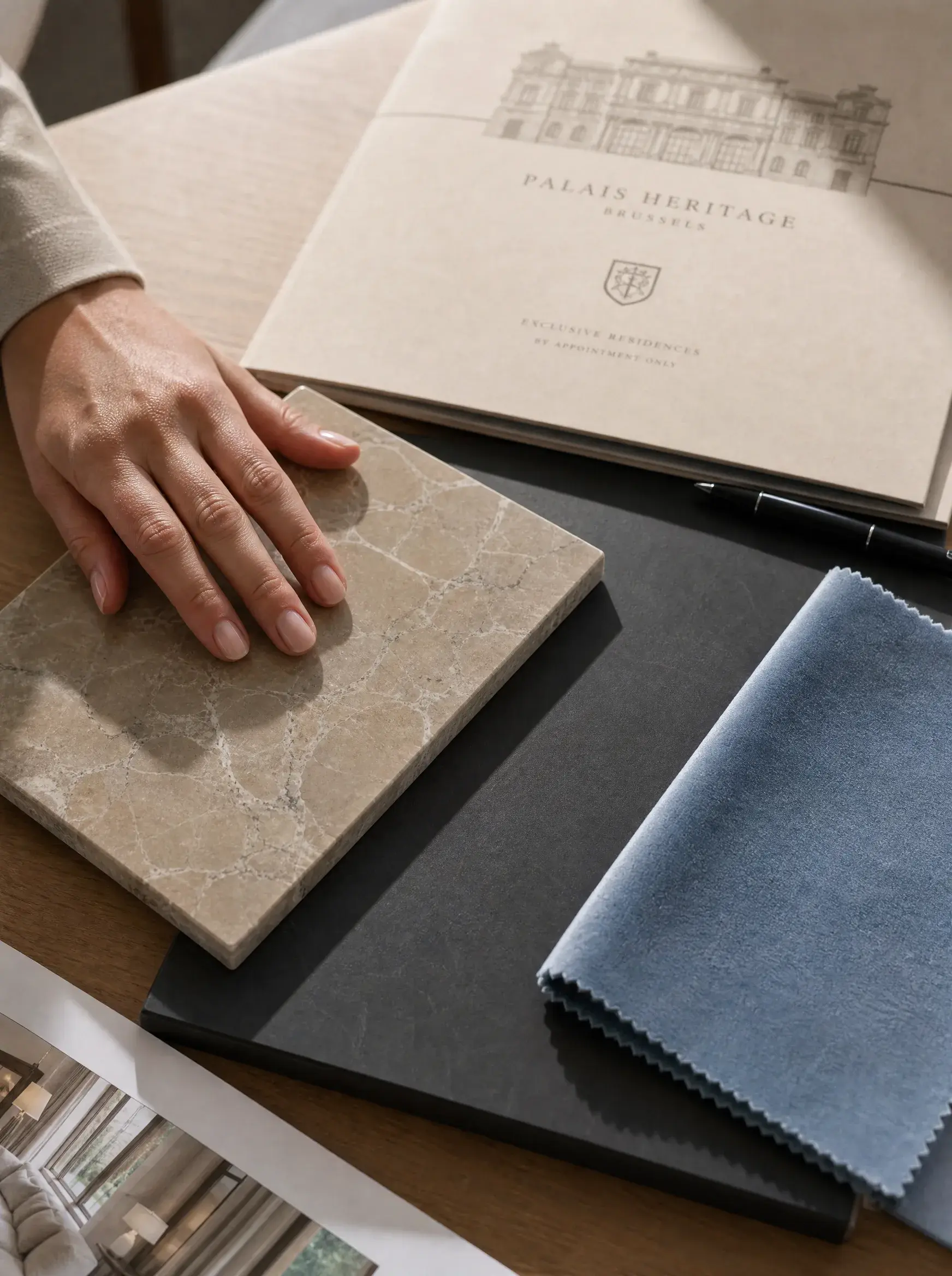Main posée sur un échantillon de travertin avec swatches de tissu bleu et brochure Palais Heritage
