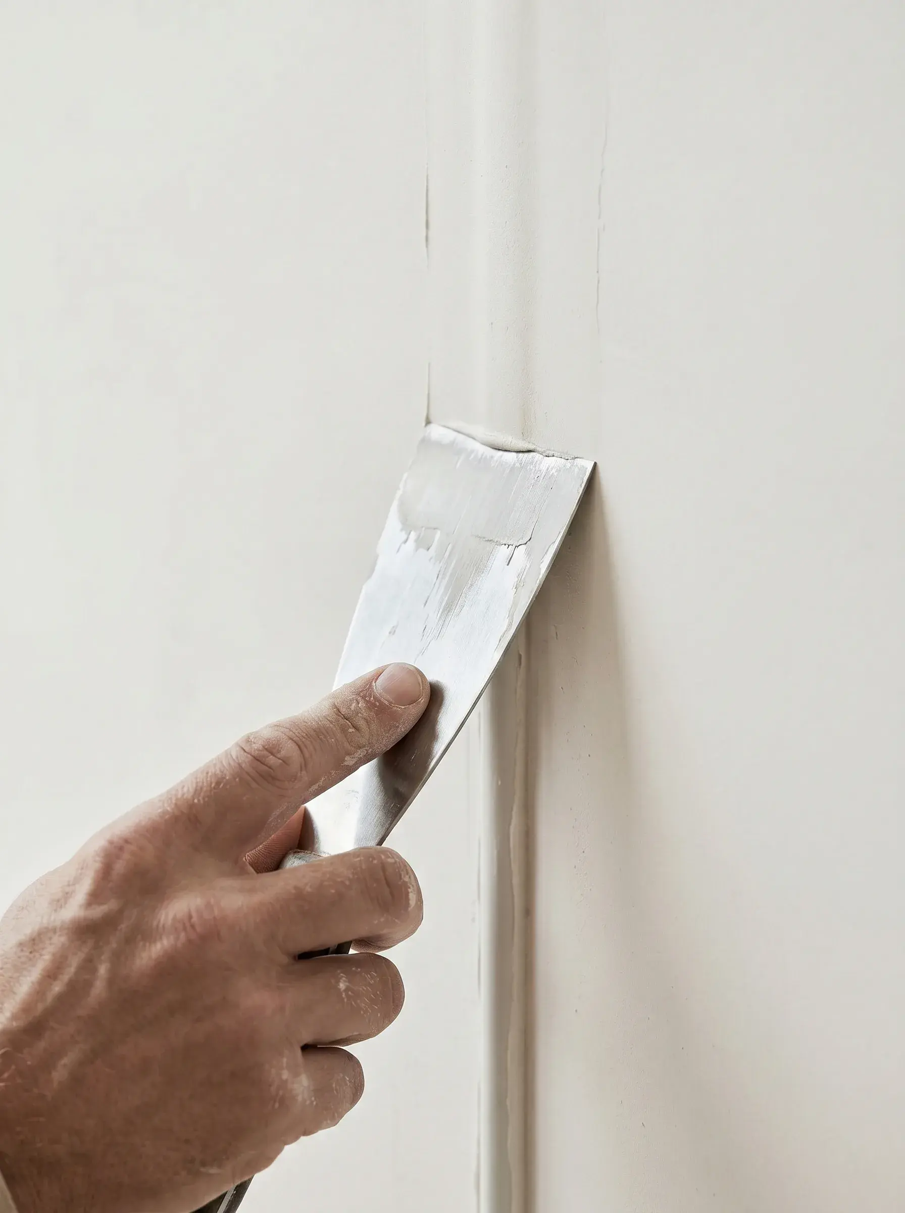 Main rebouchant une saignée électrique à l'enduit avec un couteau de peintre