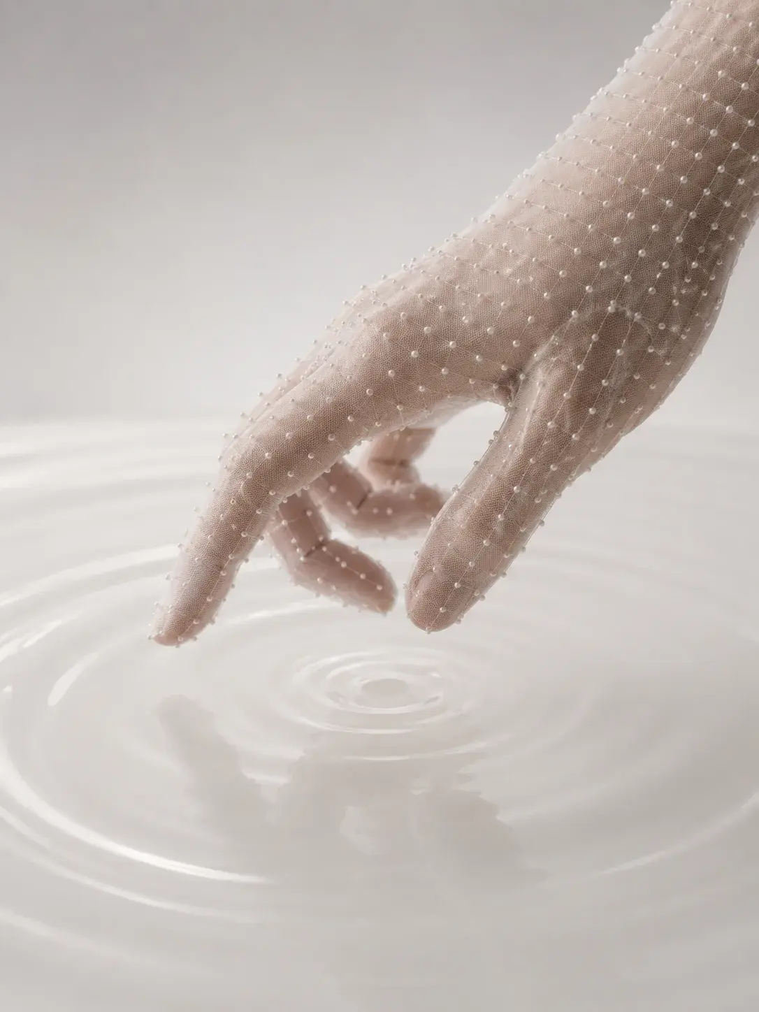Main recouverte de micro-perles effleurant un liquide laiteux, ondes concentriques nacrées
