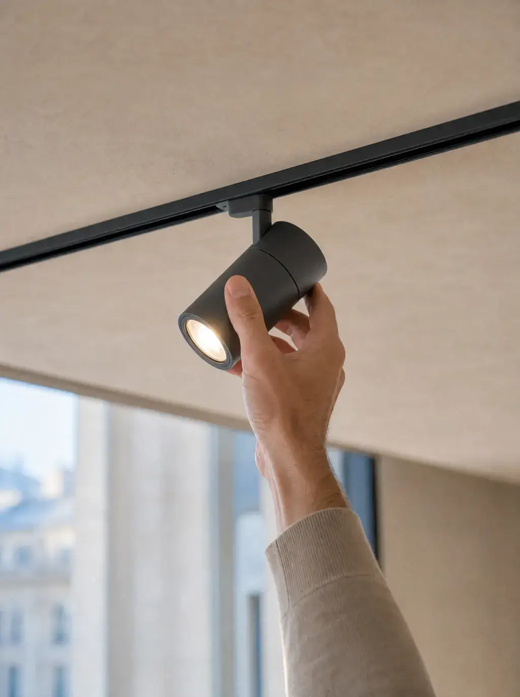 Main réglant un spot LED en métal noir sur rail dans un appartement contemporain avec vue sur Paris