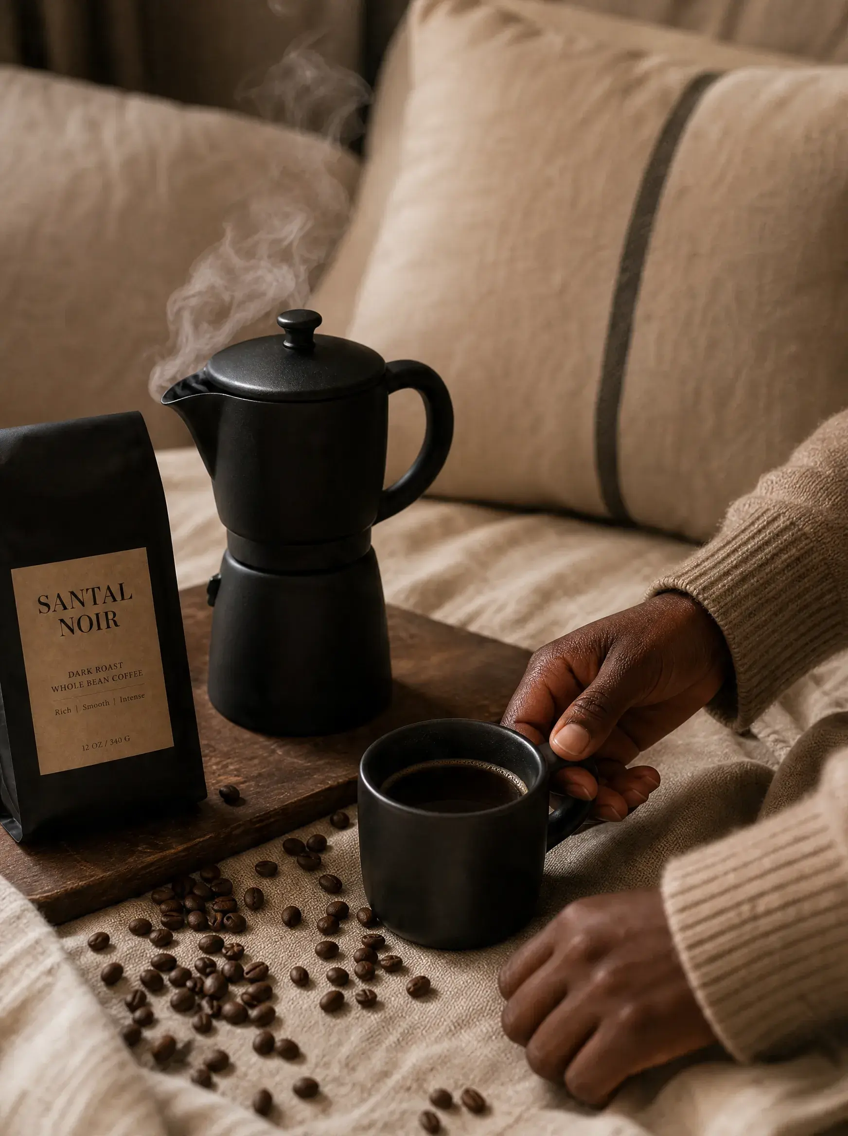Main saisissant mug café dans lit – cafetière moka fumante, sachet artisanal, lin beige
