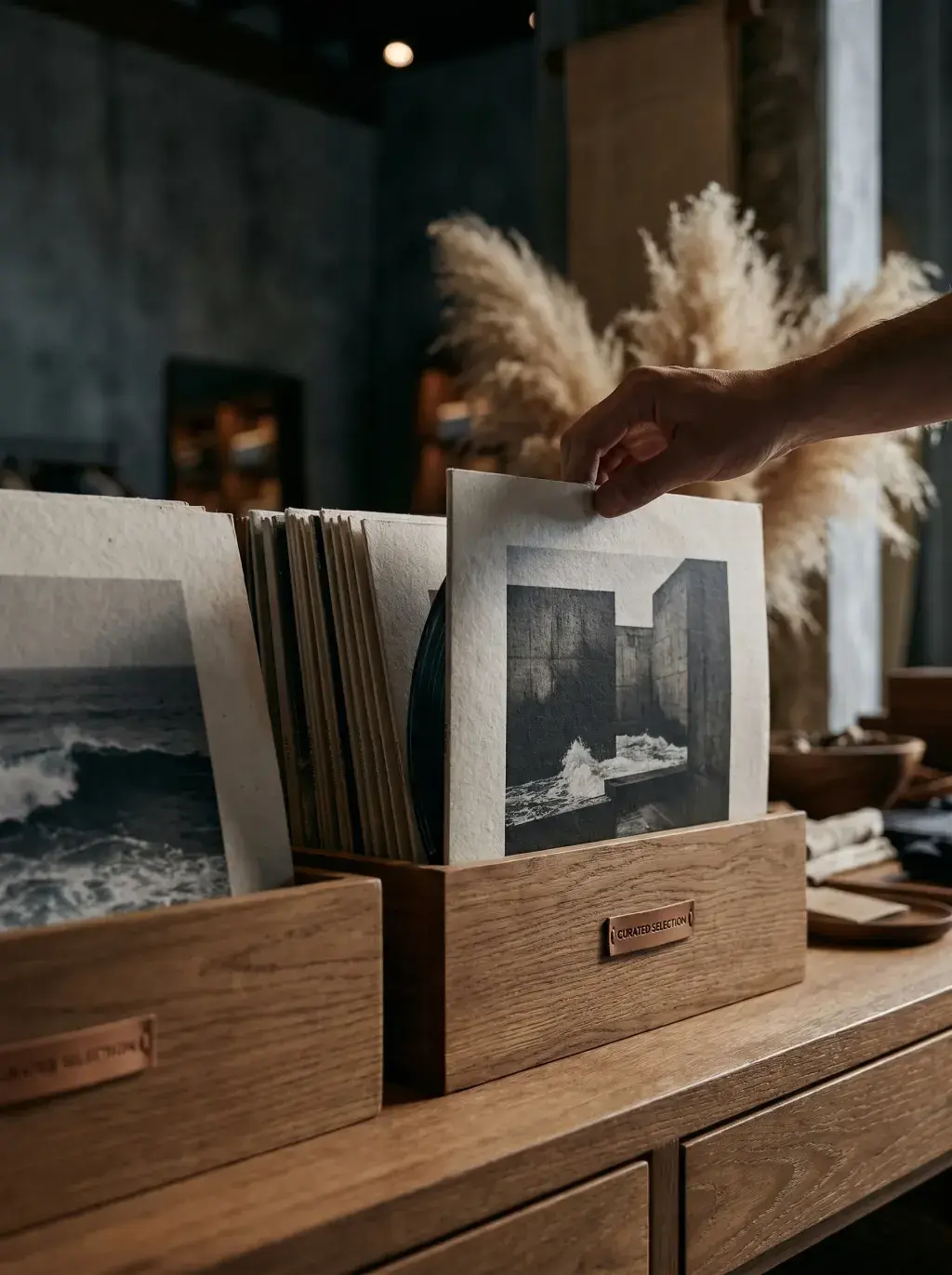 Main saisissant une photographie de surf en noir et blanc dans un présentoir de boutique