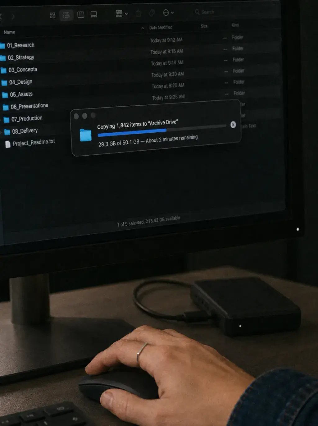 Main sur souris devant macOS sombre affichant la copie de 1 843 fichiers de projet vers disque dur d'archive