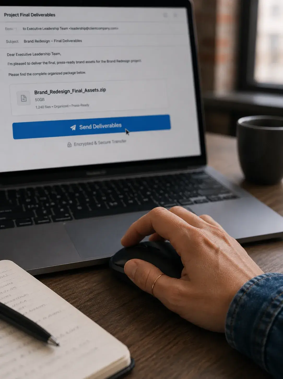 Main sur souris face à email professionnel « Project Final Deliverables » avec fichier ZIP de brand redesign prêt à l'envoi