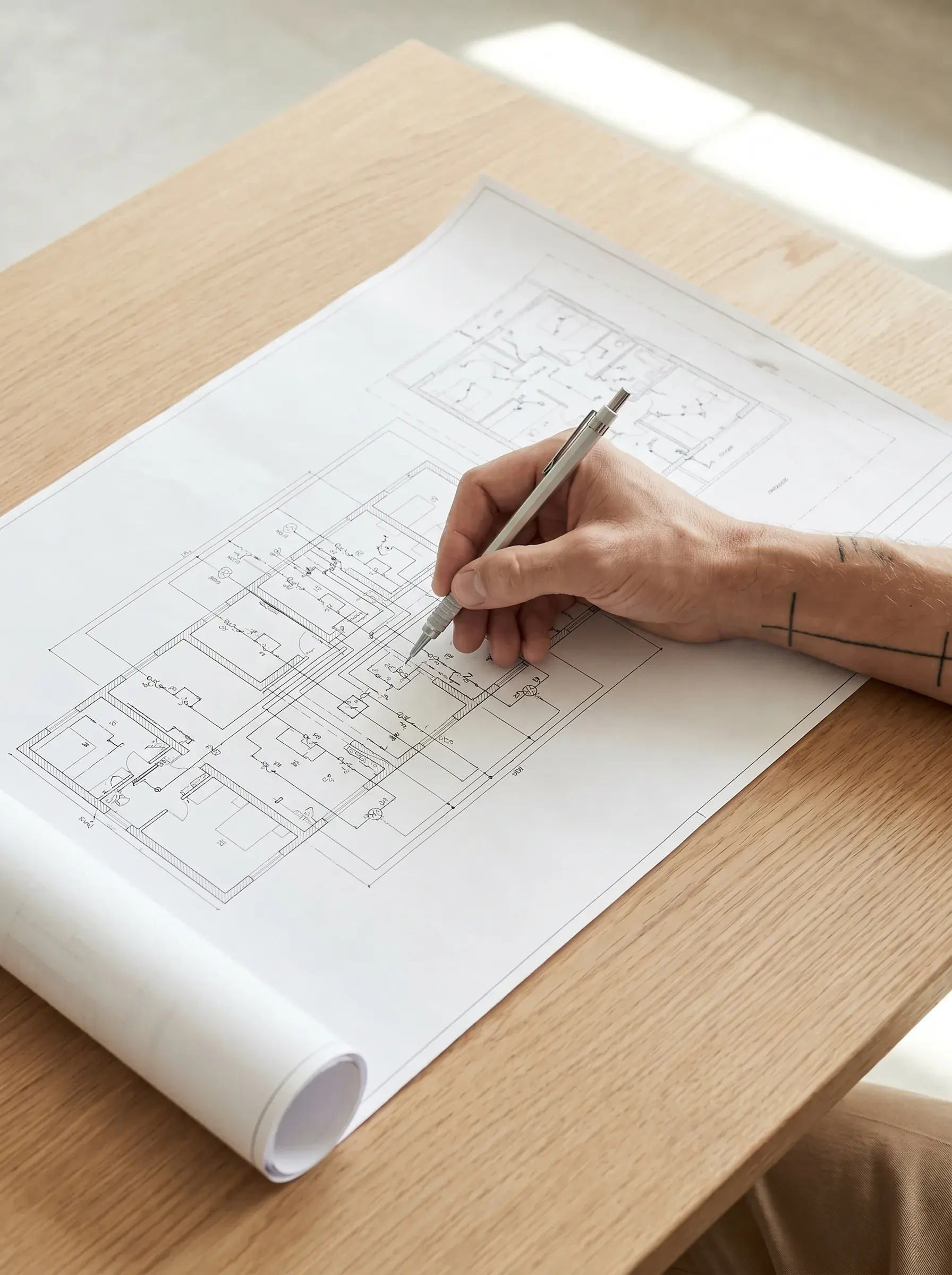 Main tatouée dessinant un schéma électrique au crayon sur une table en chêne