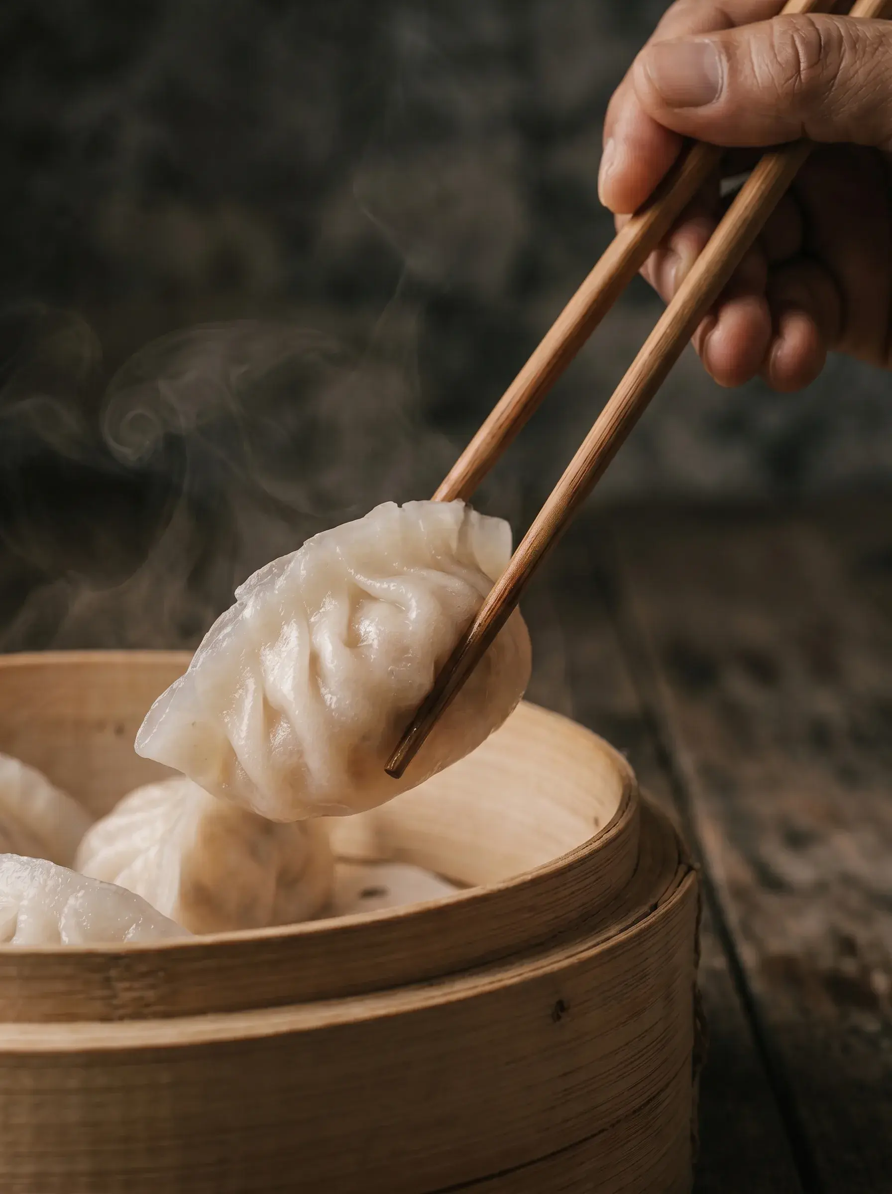 Main tenant avec baguettes un dim sum translucide extrait d'un panier vapeur en bambou fumant, fond sombre