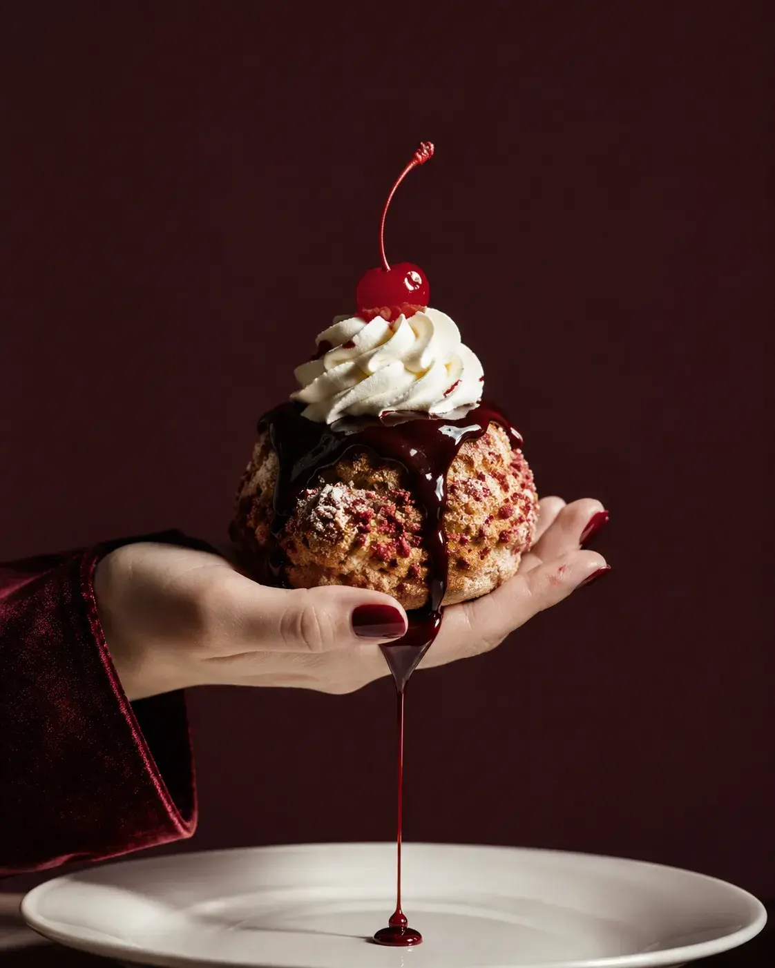 Main tenant boule glacée avec chantilly et cerise – coulis rouge coulant, fond bordeaux