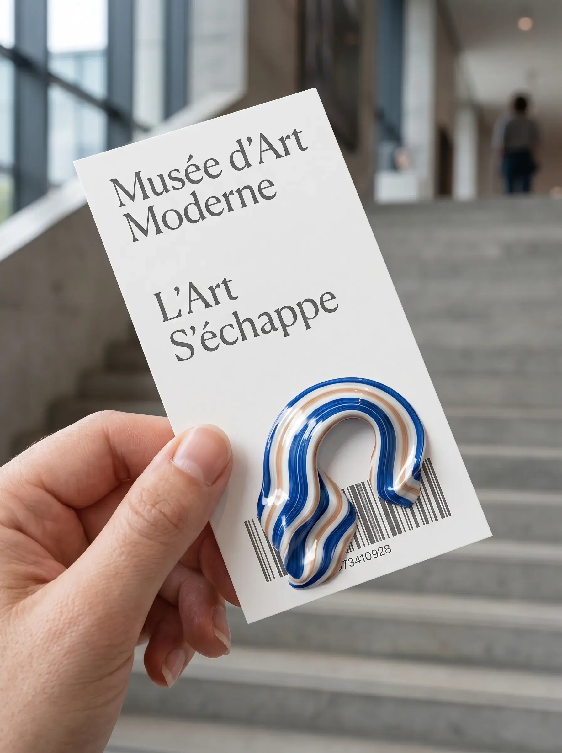 Main tenant carte de musée avec sculpture marbré miniature – escalier musée, exposition