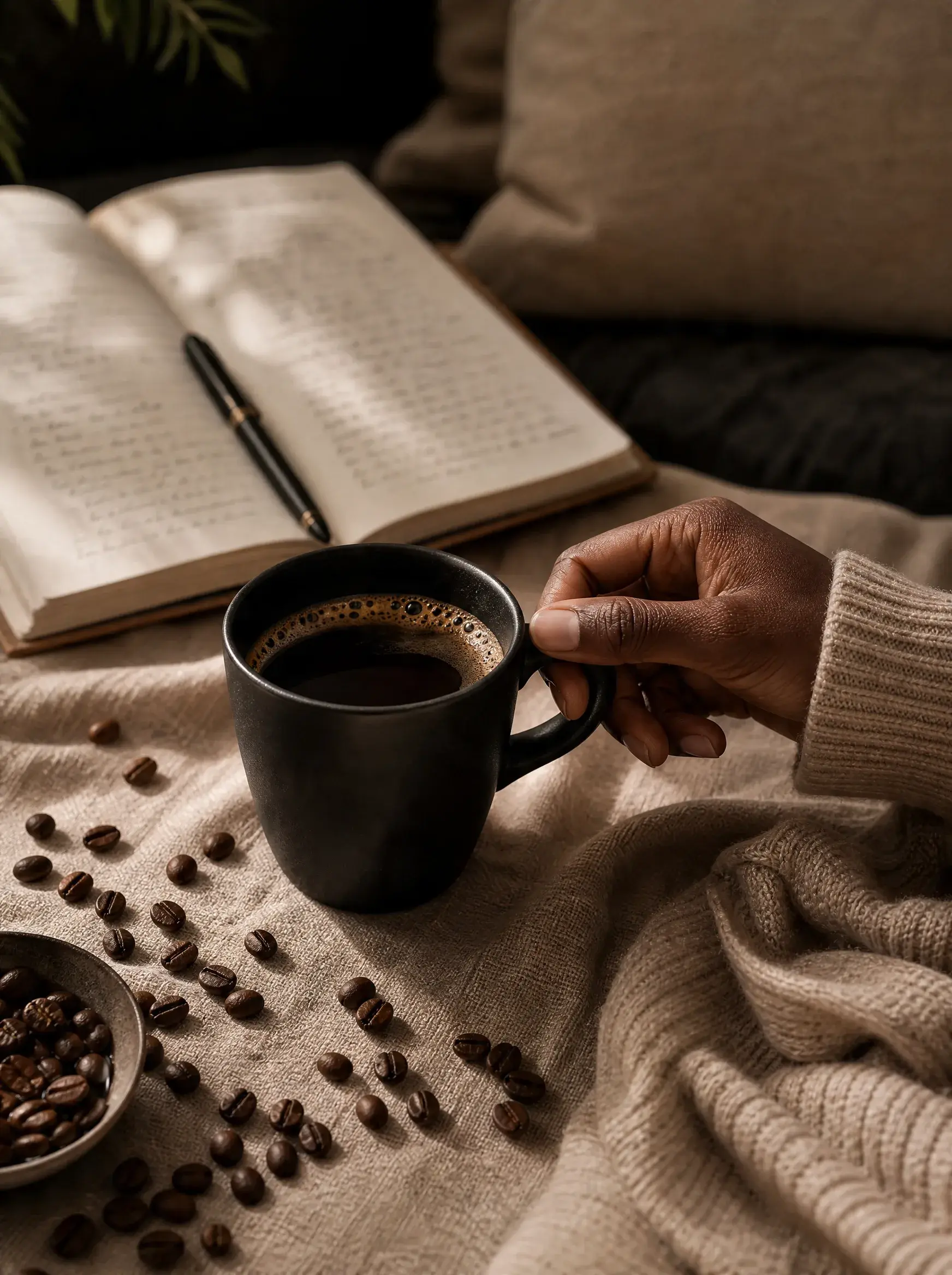 Main tenant mug café noir – carnet ouvert, livre, grains épars, canapé, pull beige