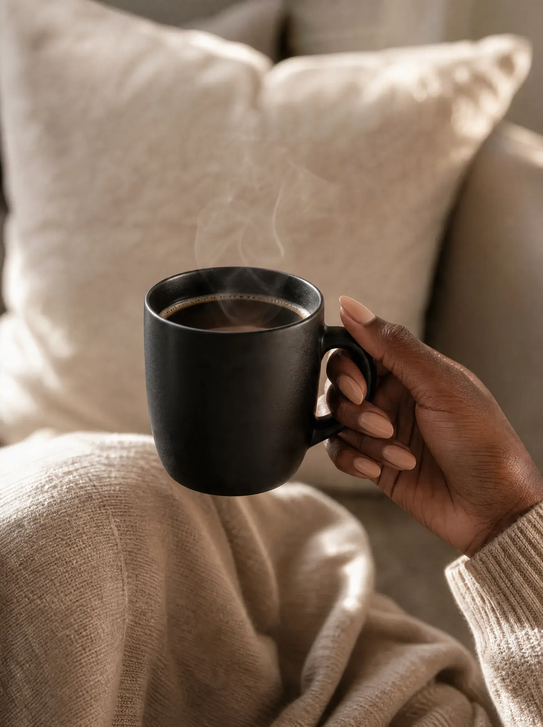 Main tenant mug café noir fumant – canapé coussins beige, pull maille