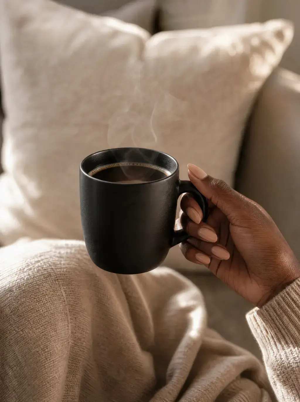 Main tenant mug café noir fumant – canapé coussins beige, pull maille