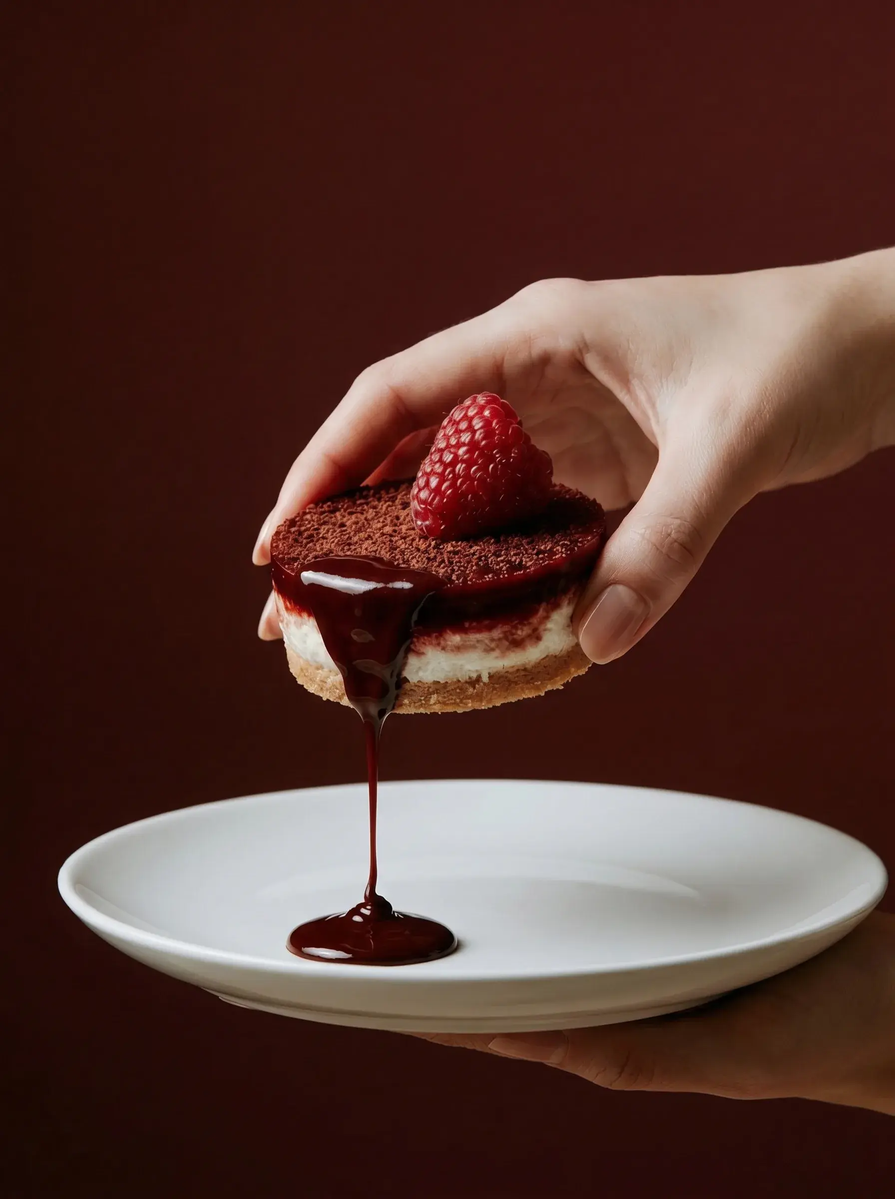 Main tenant pâtisserie au cacao – crème, framboise, sauce chocolat coulante, fond bordeaux