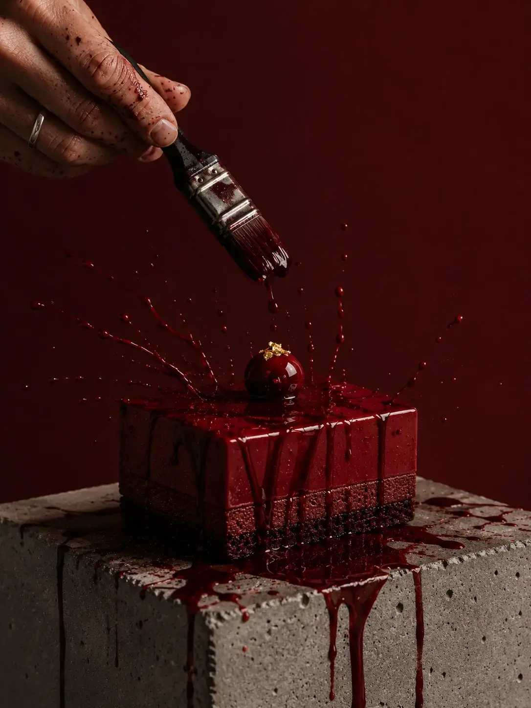 Main tenant pinceau versant coulis rouge sur entremets – éclaboussures dramatiques, bloc béton