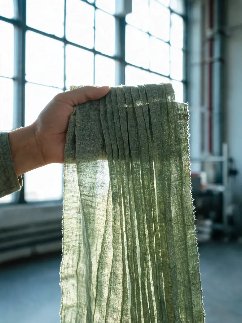 Main tenant tissu lin vert sauge en bandes découpées – contre-jour, fenêtres industrielles, loft