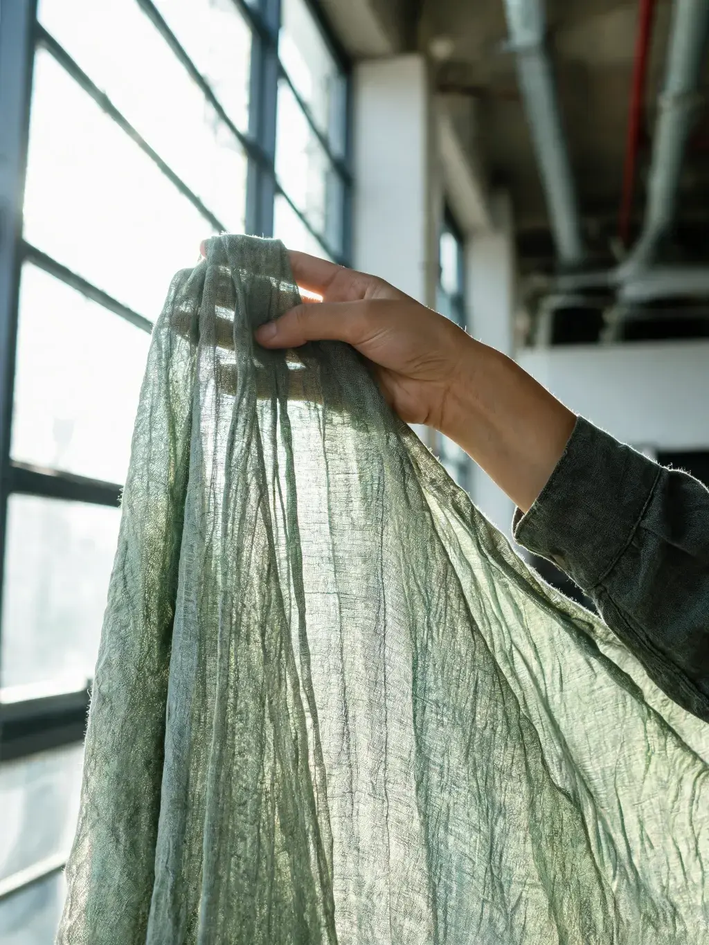 Main tenant tissu vert sauge translucide drapé contre lumière – fenêtres industrielles, loft