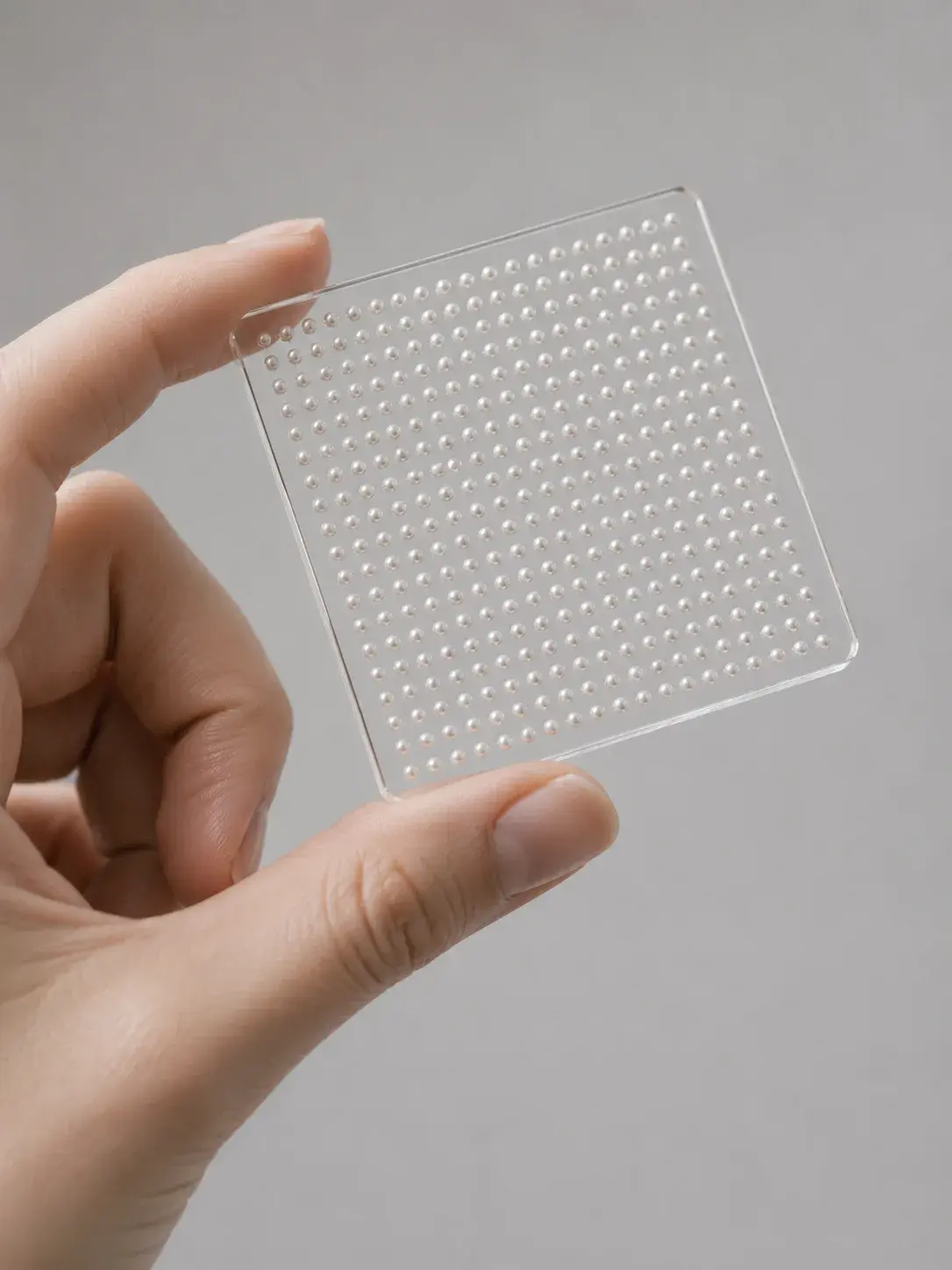 Main tenant une plaque de microculture à 96 puits en plastique transparent, geste scientifique précis