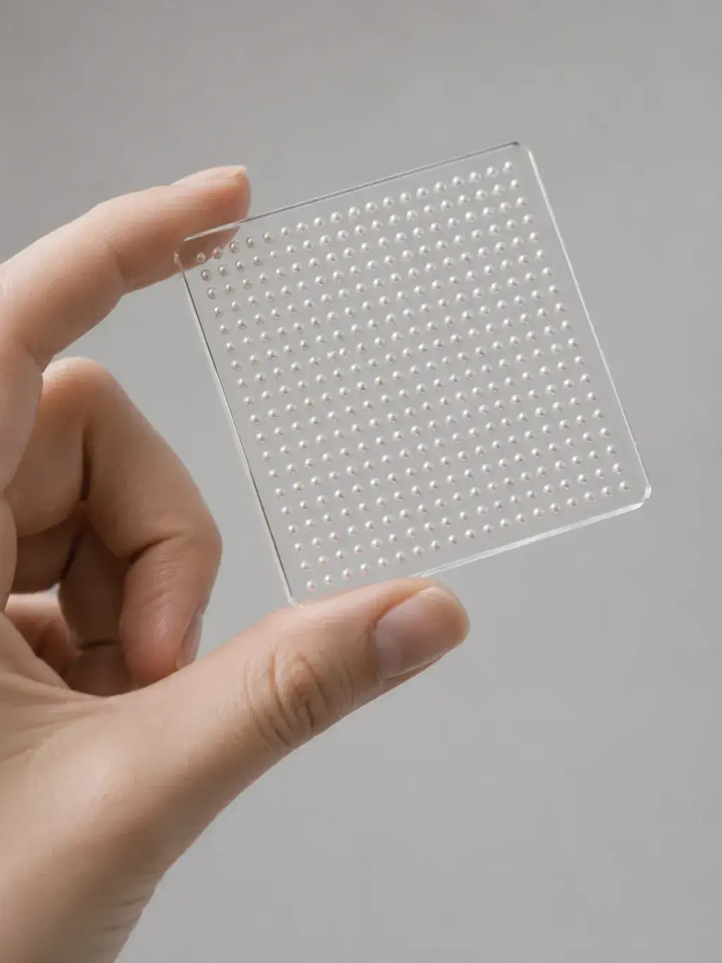 Main tenant une plaque de microculture à 96 puits en plastique transparent, geste scientifique précis