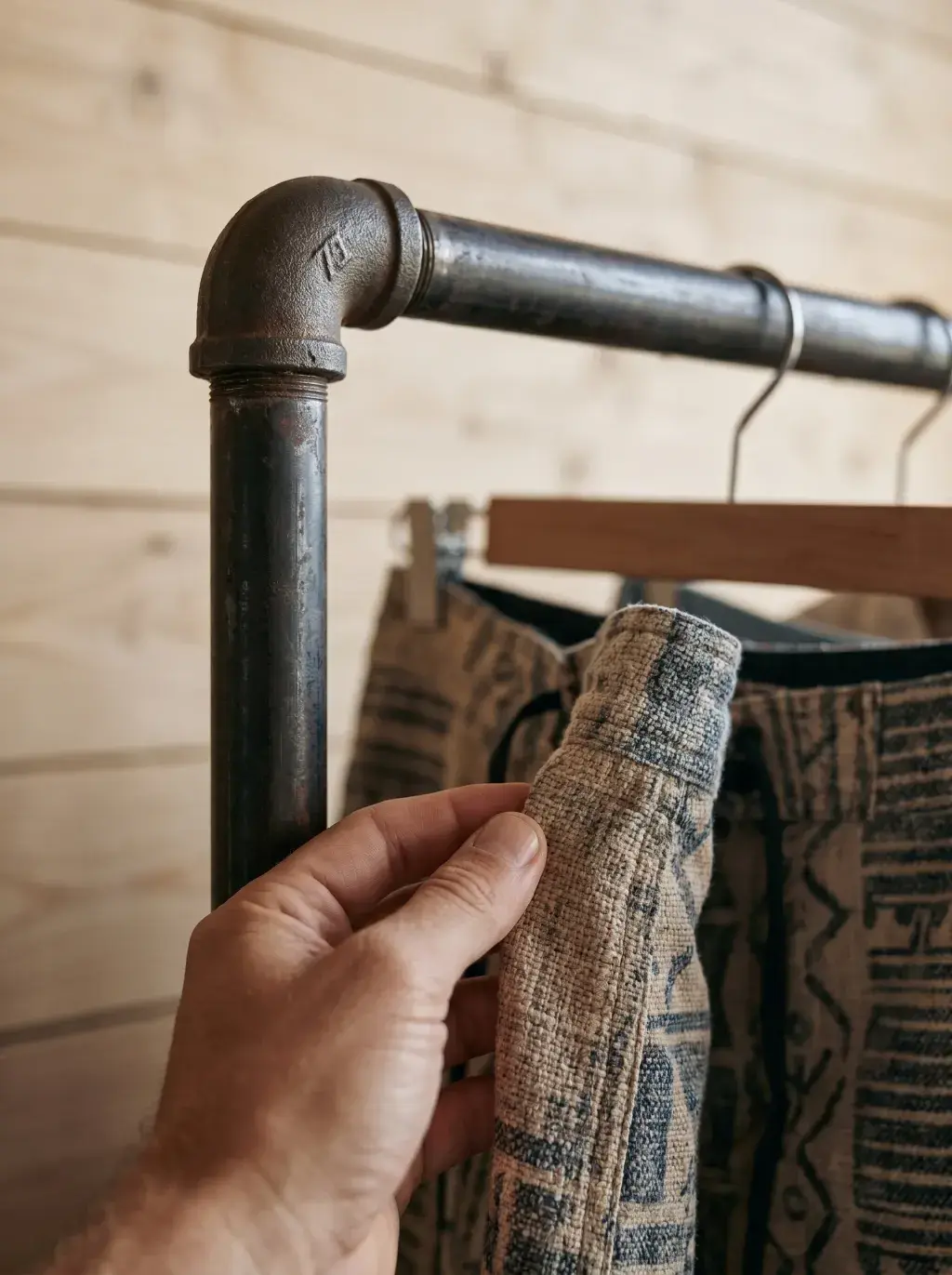 Main touchant un short ethnique sur portant tubulaire industriel – boutique surf, mur en planches