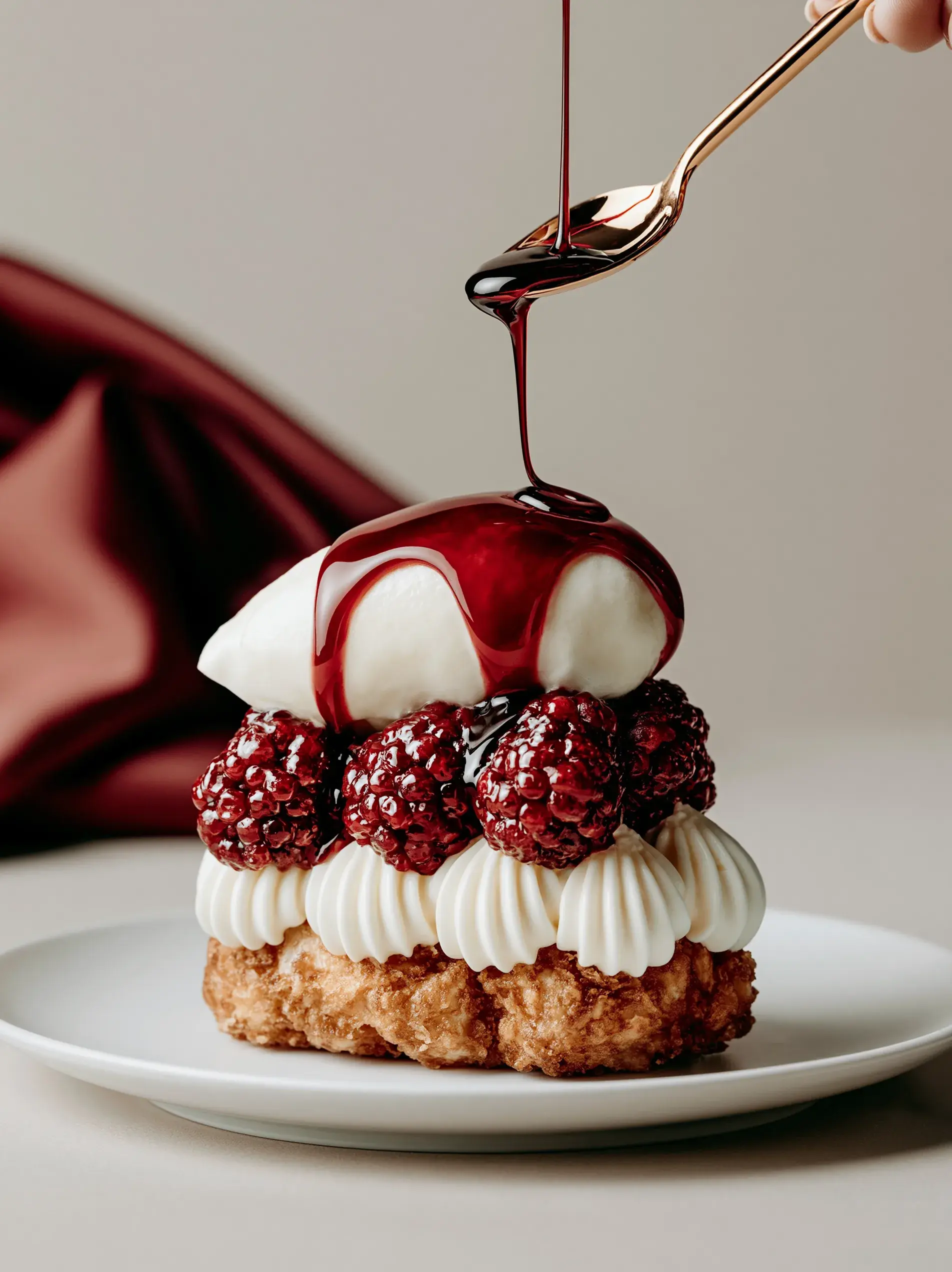 Main versant coulis de fruits rouges sur pâtisserie – choux garnis, mûres, assiette blanche