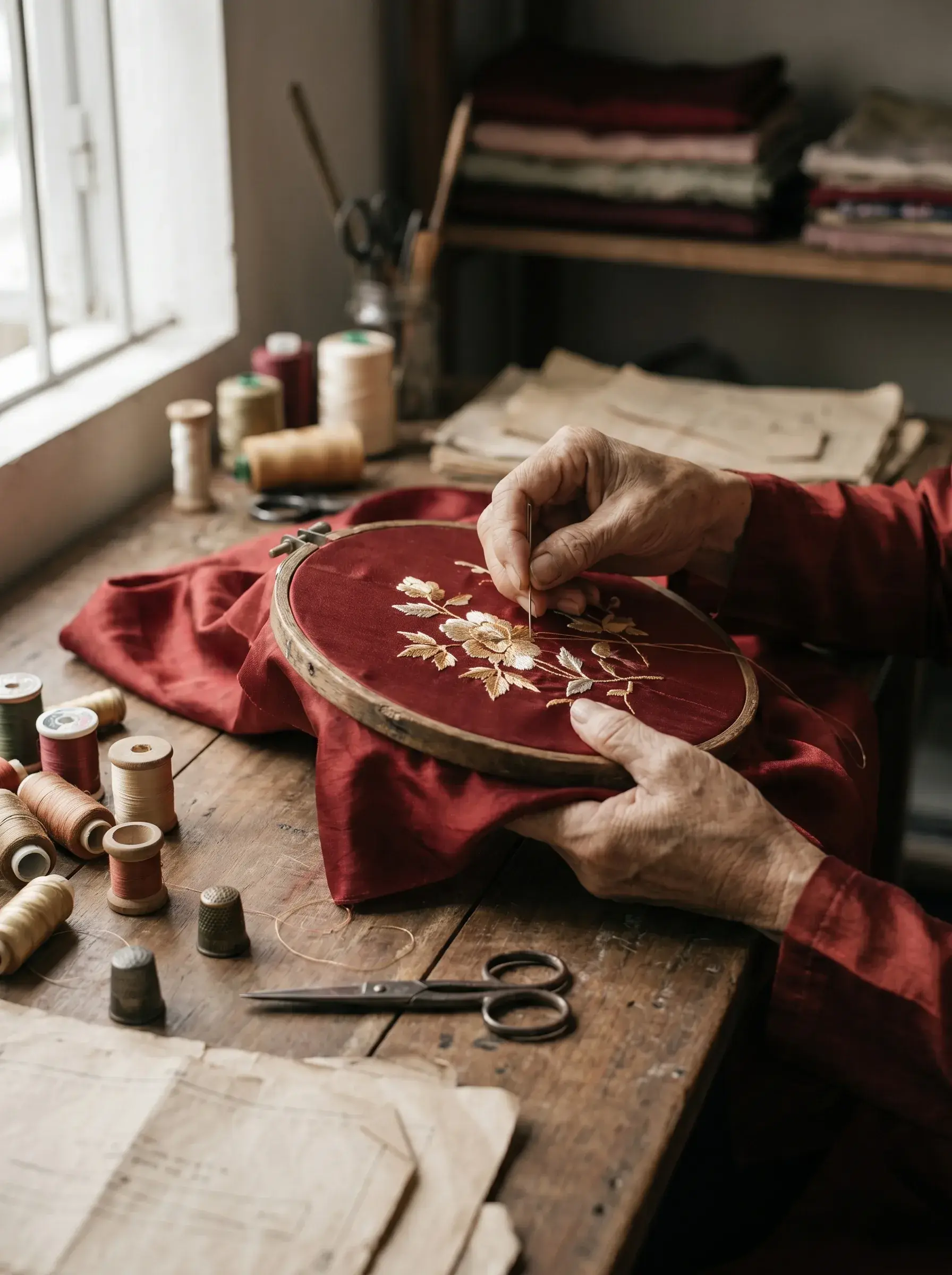 Mains âgées brodant motif floral doré sur tissu de soie rouge cramoisi dans tambour, table bois avec fils et ciseaux