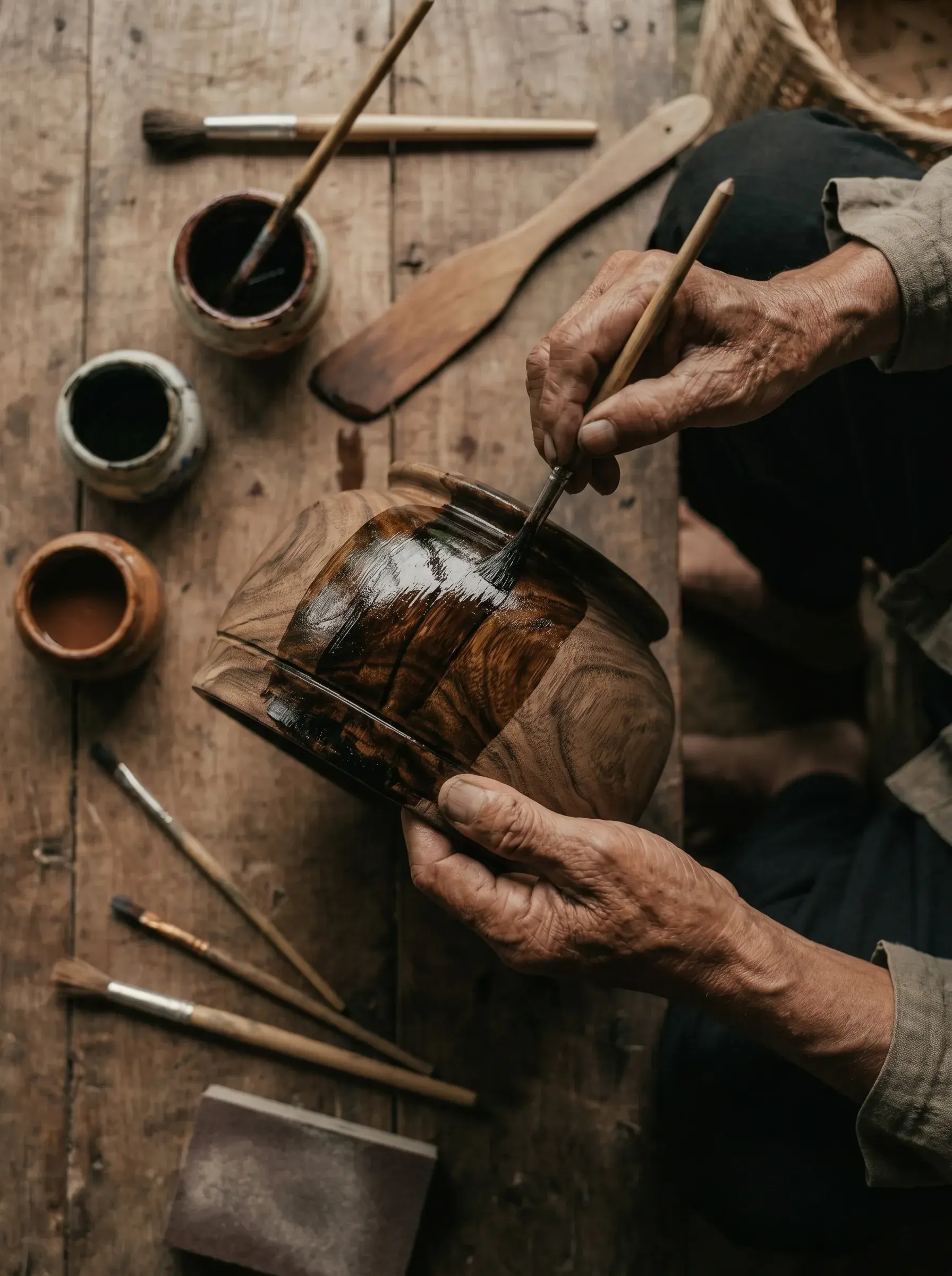 Mains âgées d'artisan laquant un pot en céramique avec pinceau dans atelier sombre, bols de laque et outils autour
