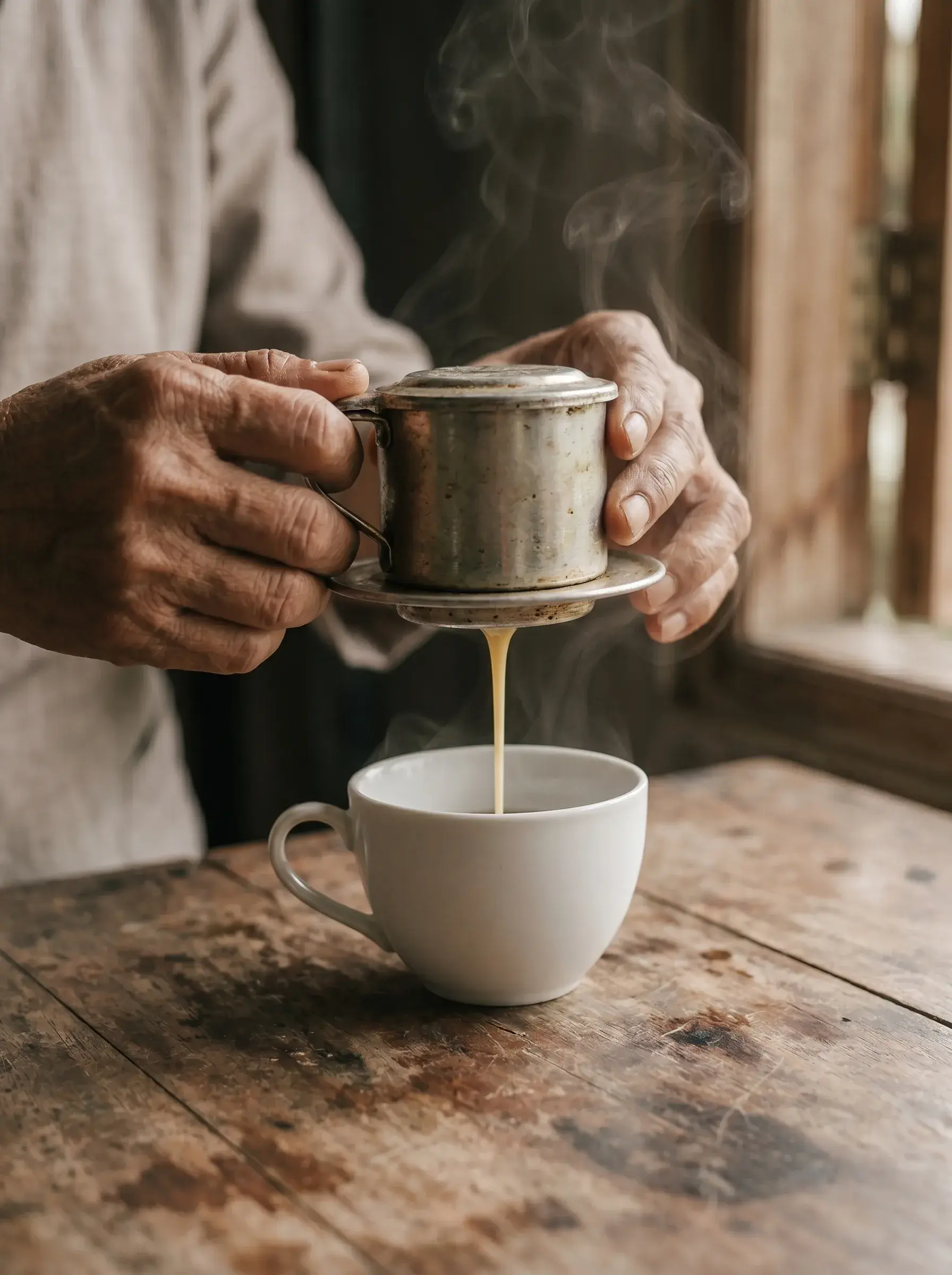 Mains âgées masculines soulevant un filtre à café vietnamien phin en métal d'une tasse blanche fumante sur table bois rustique