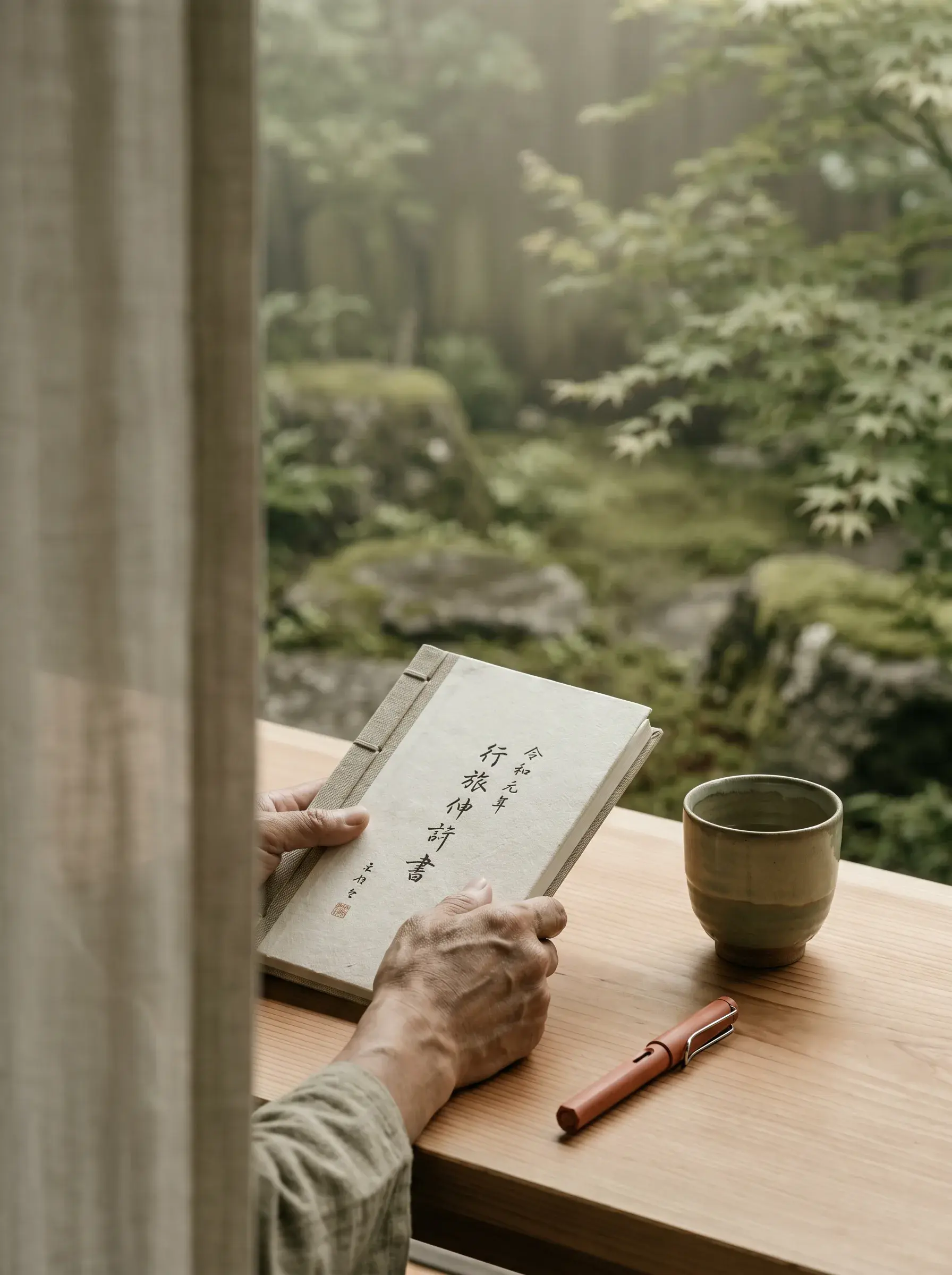 Mains âgées tenant livre calligraphié japonais – bol thé céladon, stylet bois, jardin mousse en fond